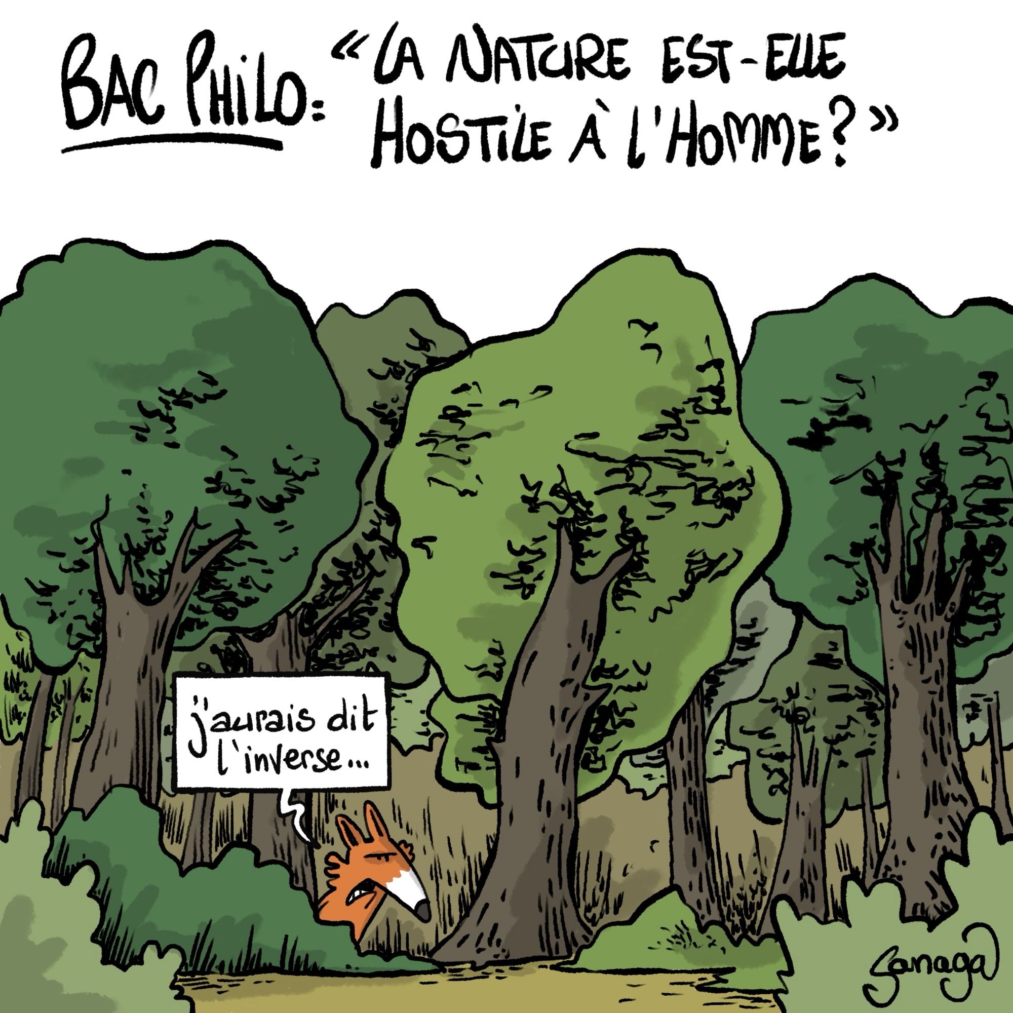 Titre : bac philo, « la nature est-elle hostile à l’homme ? »
Image : un renard au milieu d’une forêt. Le renard : « j’aurais dit l’inverse… »