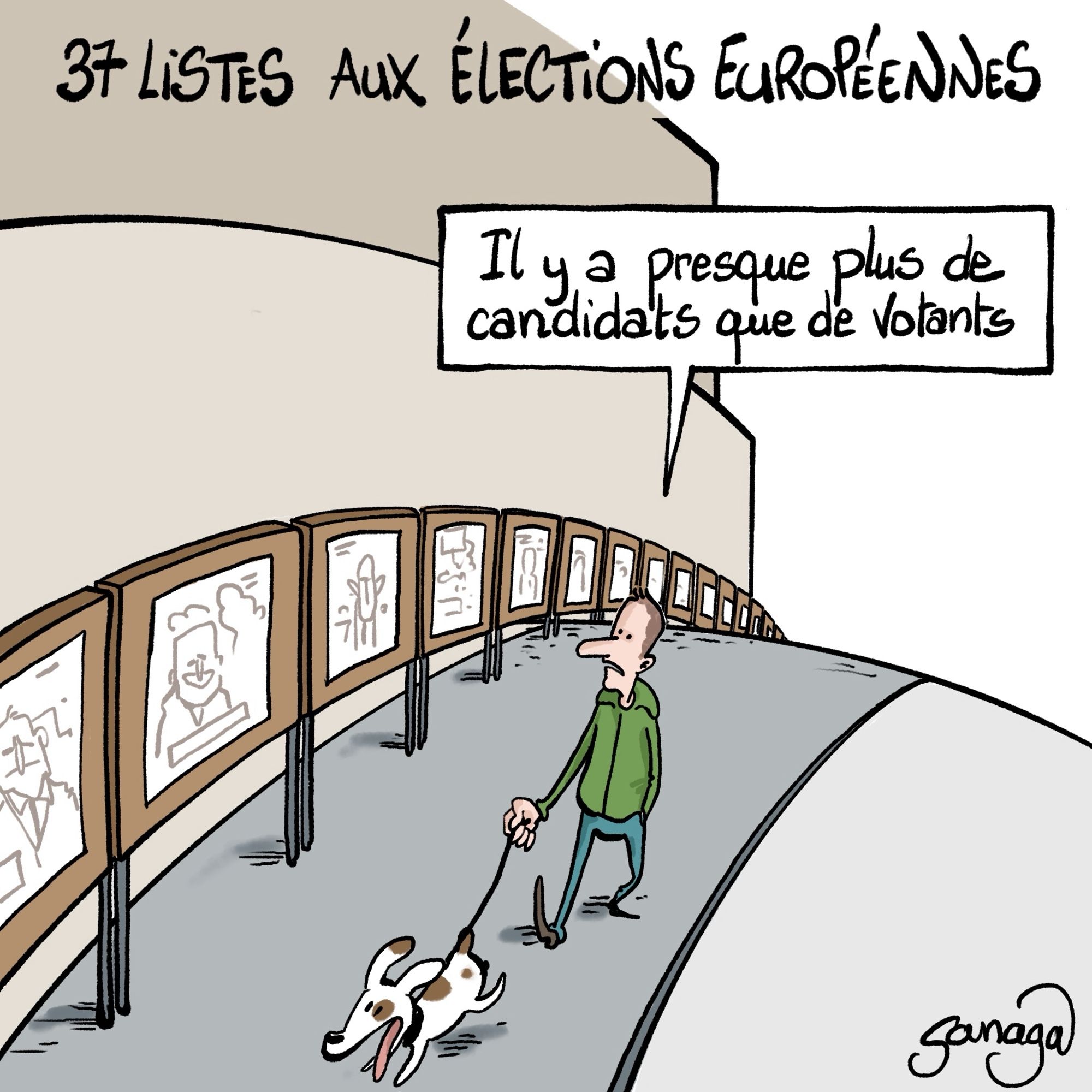 Titre : 37 listes aux élections européennes 
Image : un homme promène son chien devant une file interminable de panneaux avec les affiches des candidats : « il y a presque plus de candidats que de votants »