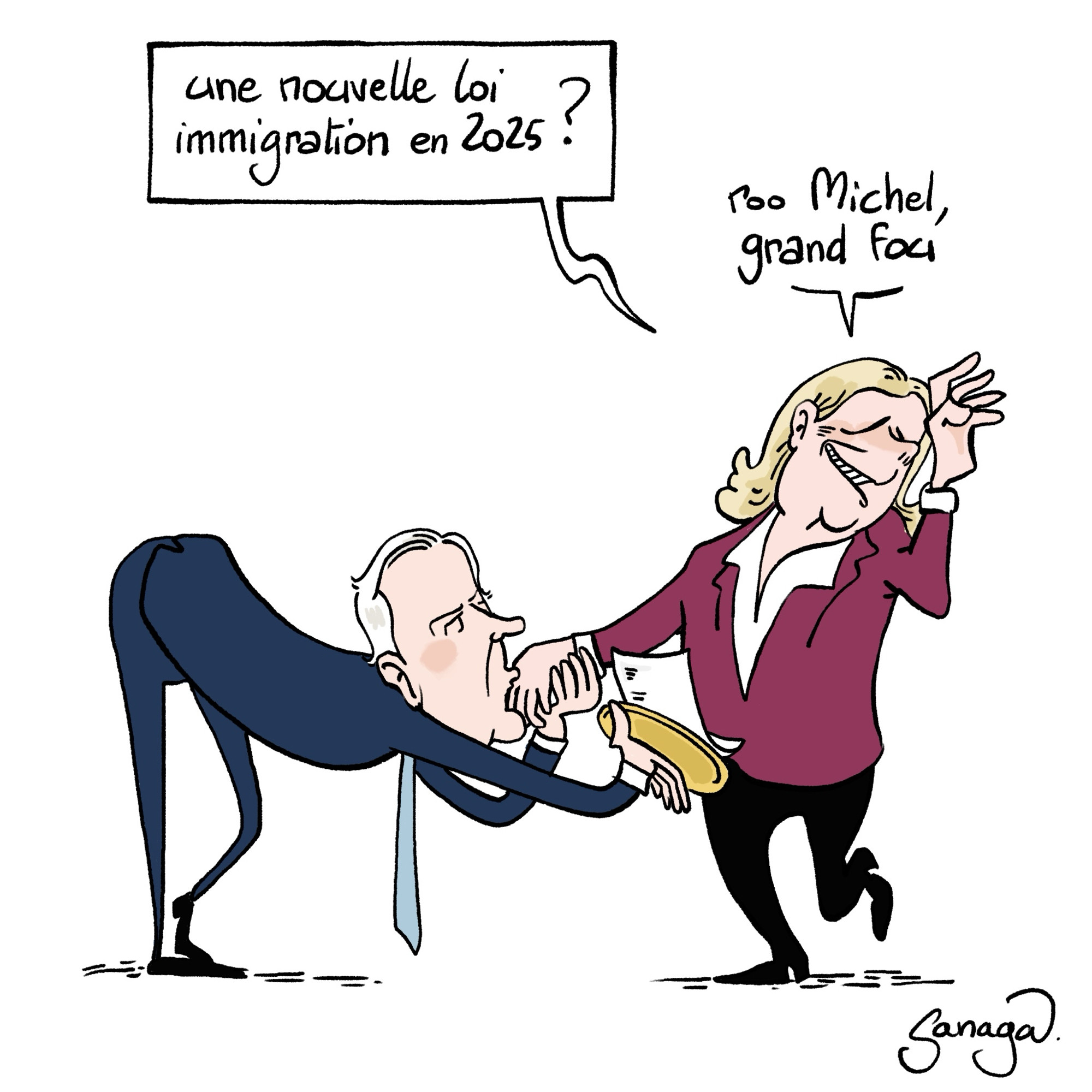 Michel Barnier tendant un texte tout en baisant la main d’une Marine Le Pen faussement gênée.
Le Pen : une nouvelle loi immigration en 2025 ? Roo Michel, grand fou