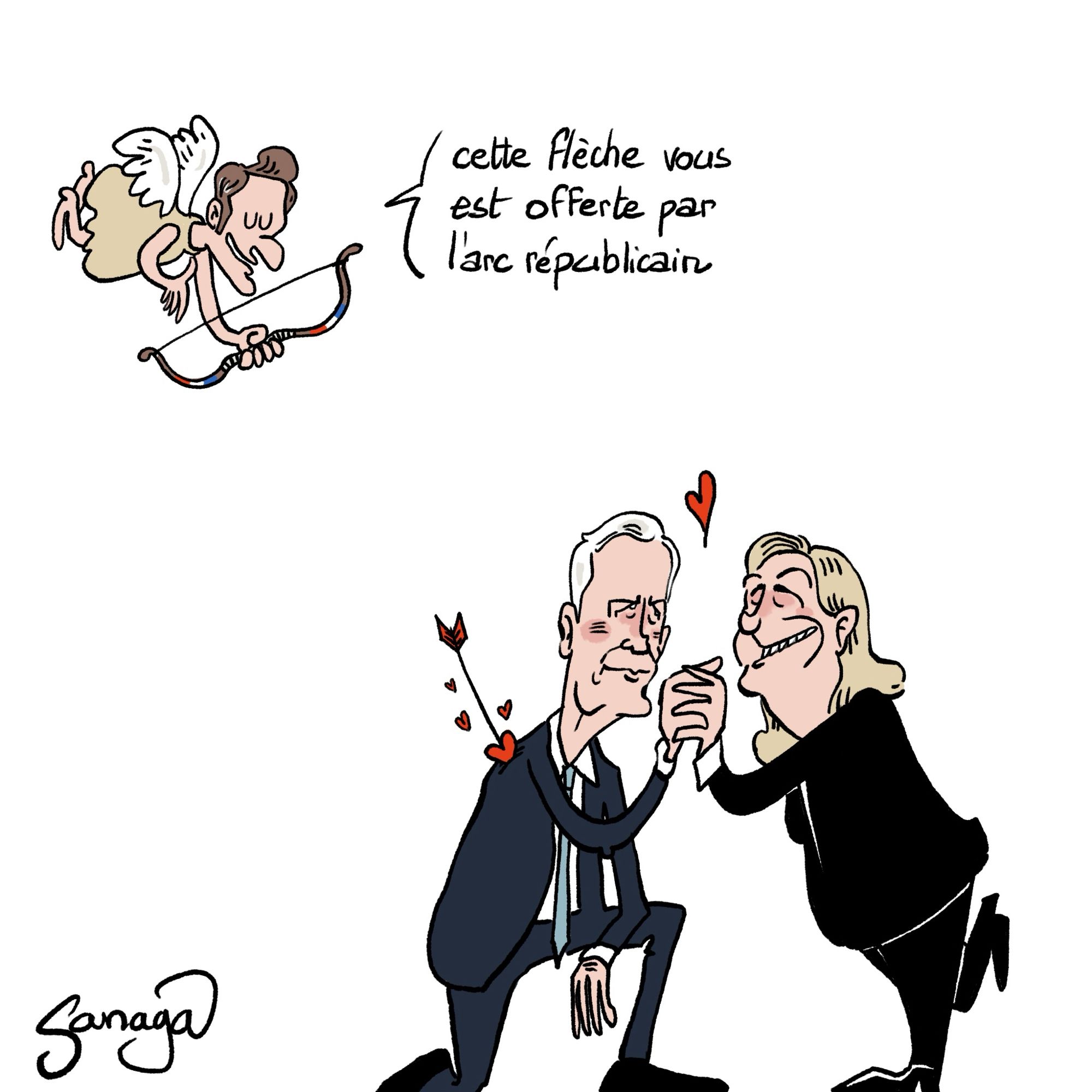 Michel Barnier un genou à terre se tient main enlacée avec Marine Le Pen. Dans l’épaule de Barnier une flèche avec un cœur tirée par un cupidon au trait de Macron.
Macron tenant dans sa main son arc venant de décocher la flèche : « cette flèche vous est offerte par l’arc républicain »