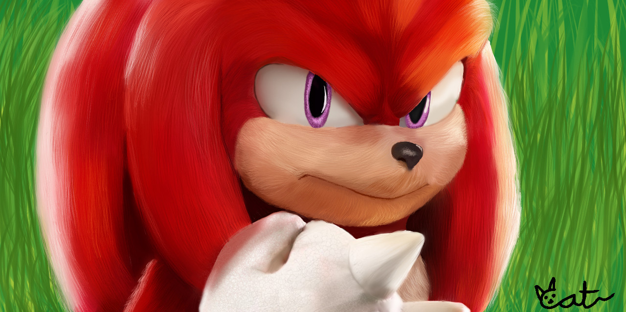 Digital art of a red cartoon echidna with a green background 