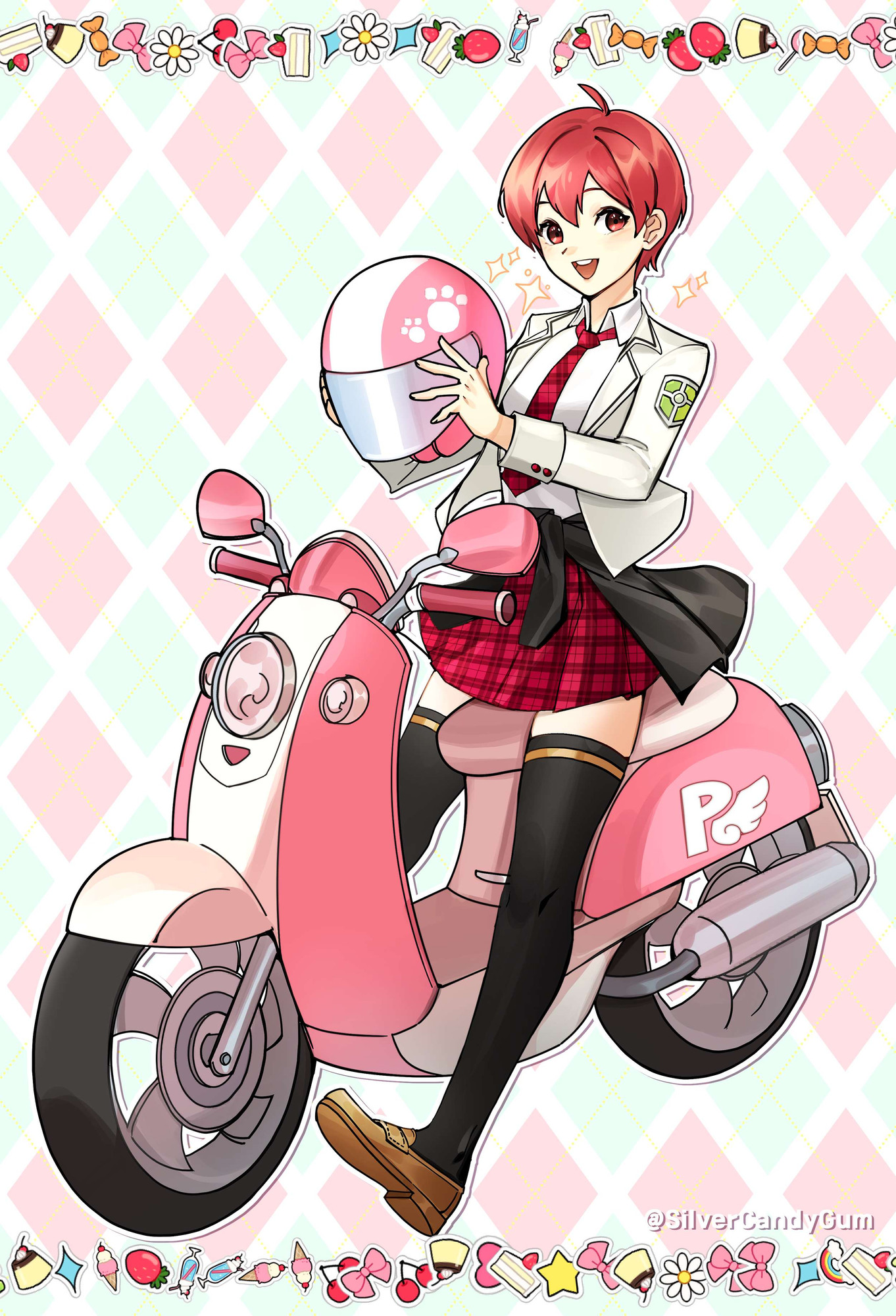 Est from Fire Emblem as a modern-day biker. She wears a white and red school uniform, with a leather jacket tied around her waist.