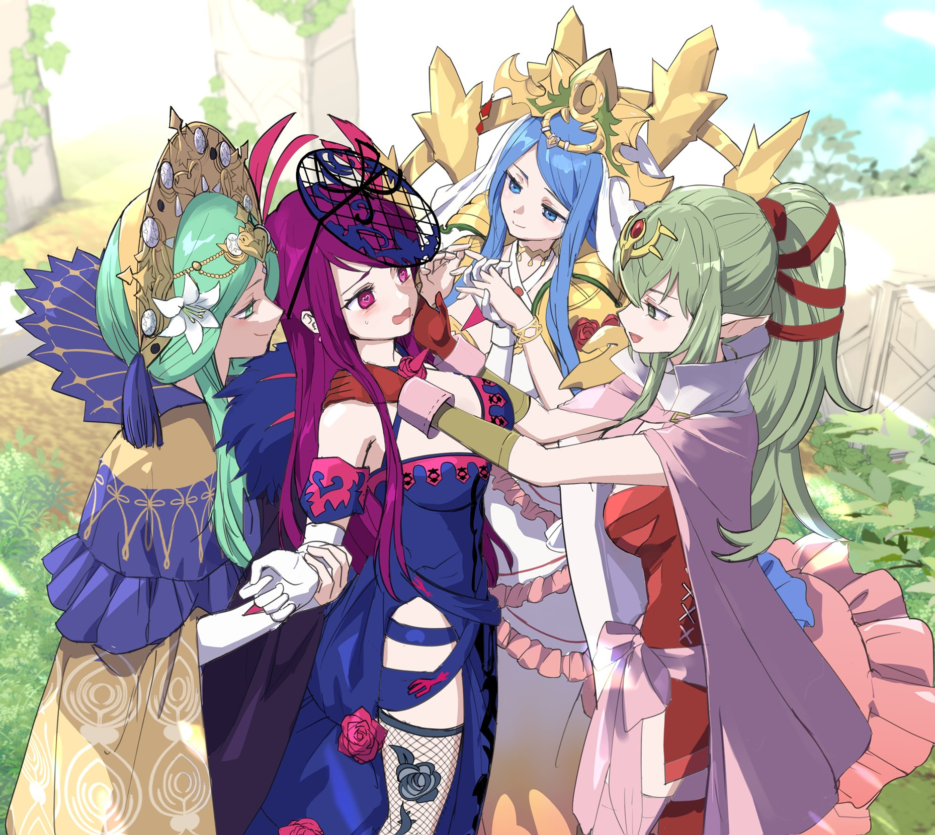 Ivy from Fire Emblem, along with Tiki, Rhea, and Lumera. The three dragons have her surrounded, and Ivy blushes furiously.