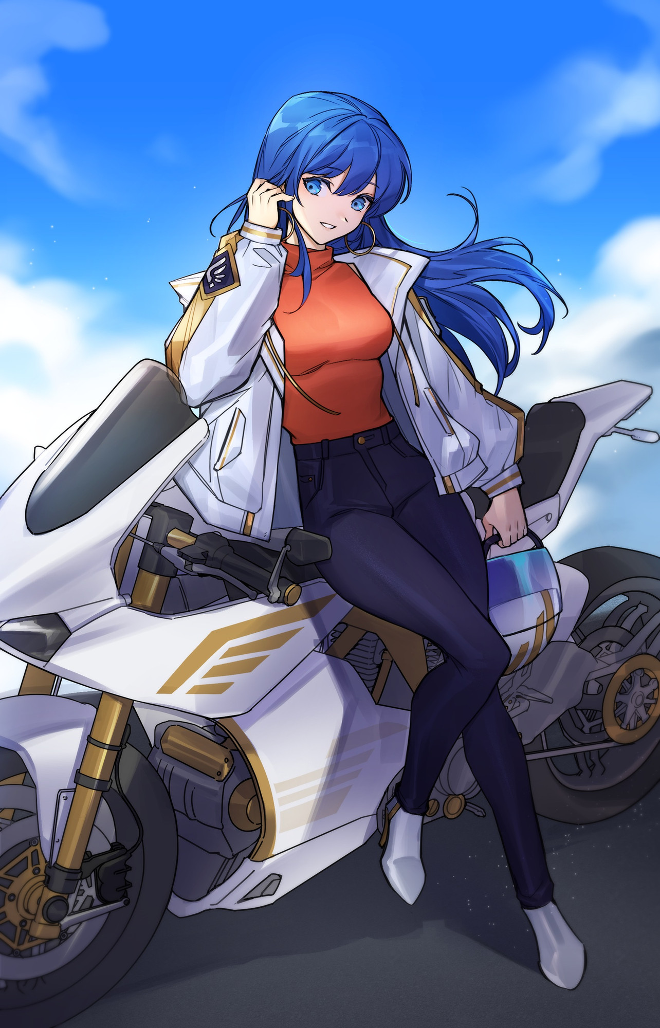 Caeda from Fire Emblem as a modern-day biker. She has a white jacket, red shirt, and black pants.