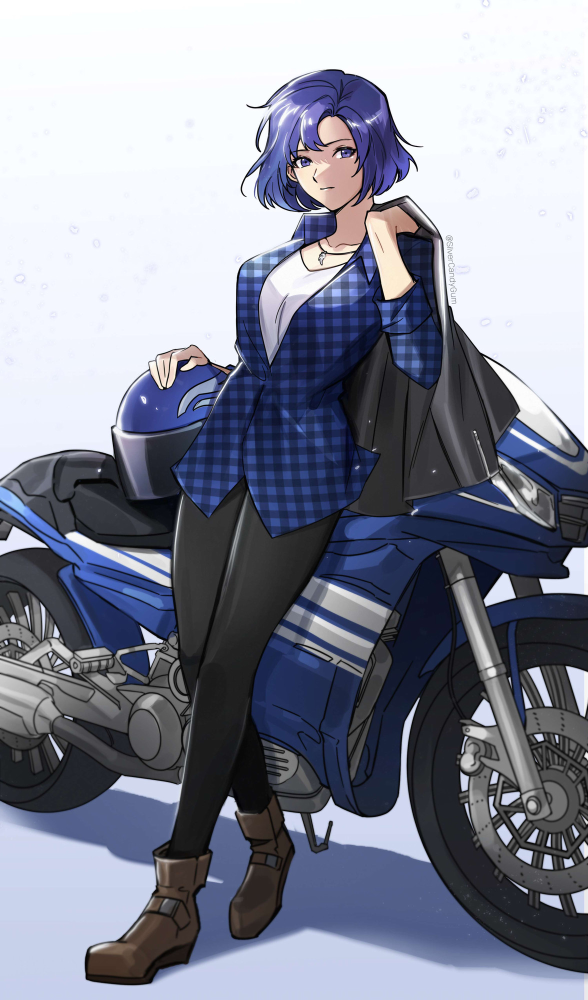 Catria from Fire Emblem as a modern-day biker. She wears a checkered blue shirt with black pants and brown boots, and has a leather jacket slung over her shoulder.