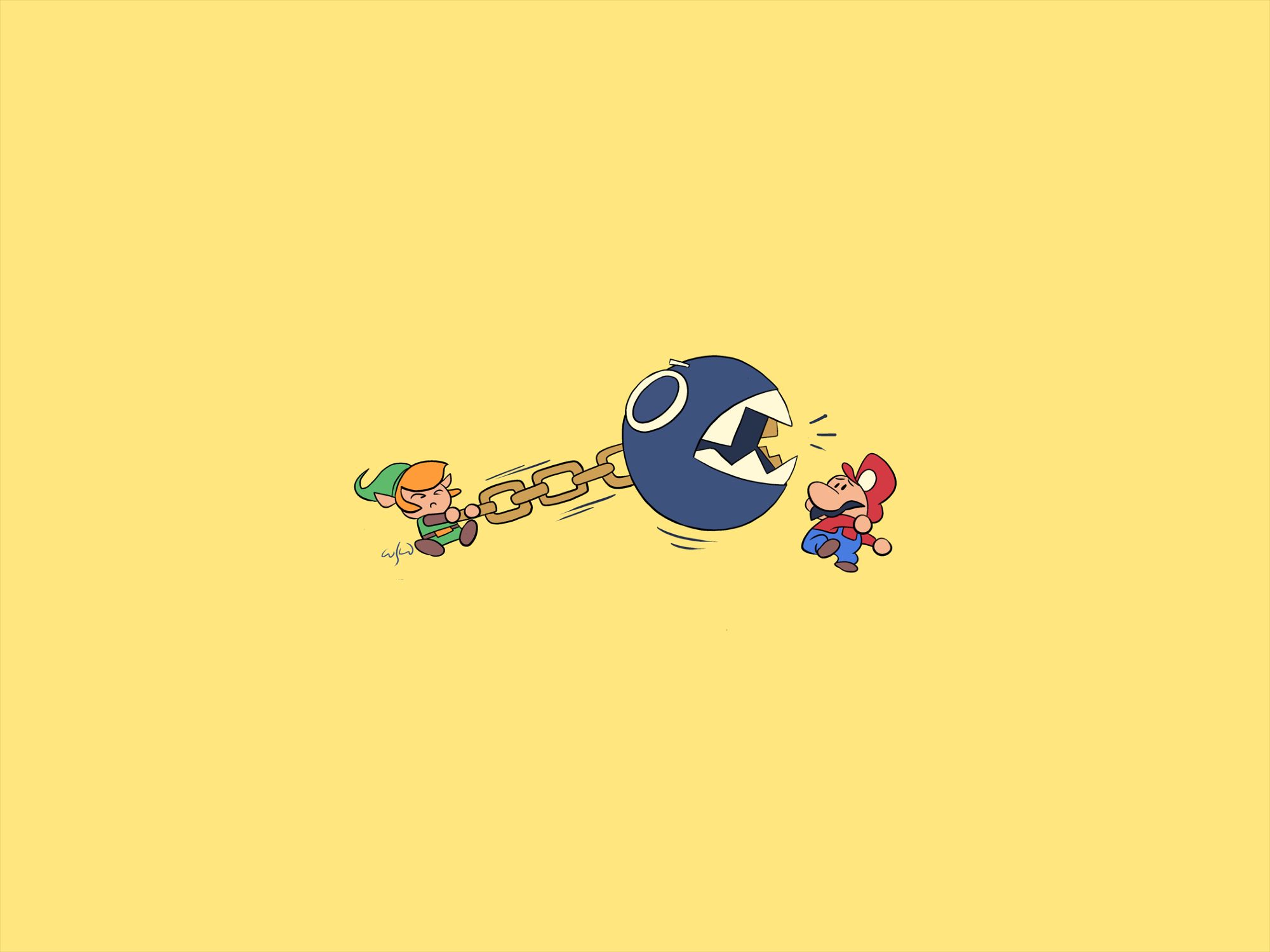 Illustration of Link from The Legend of Zelda holding back a chain chomp away from Mario