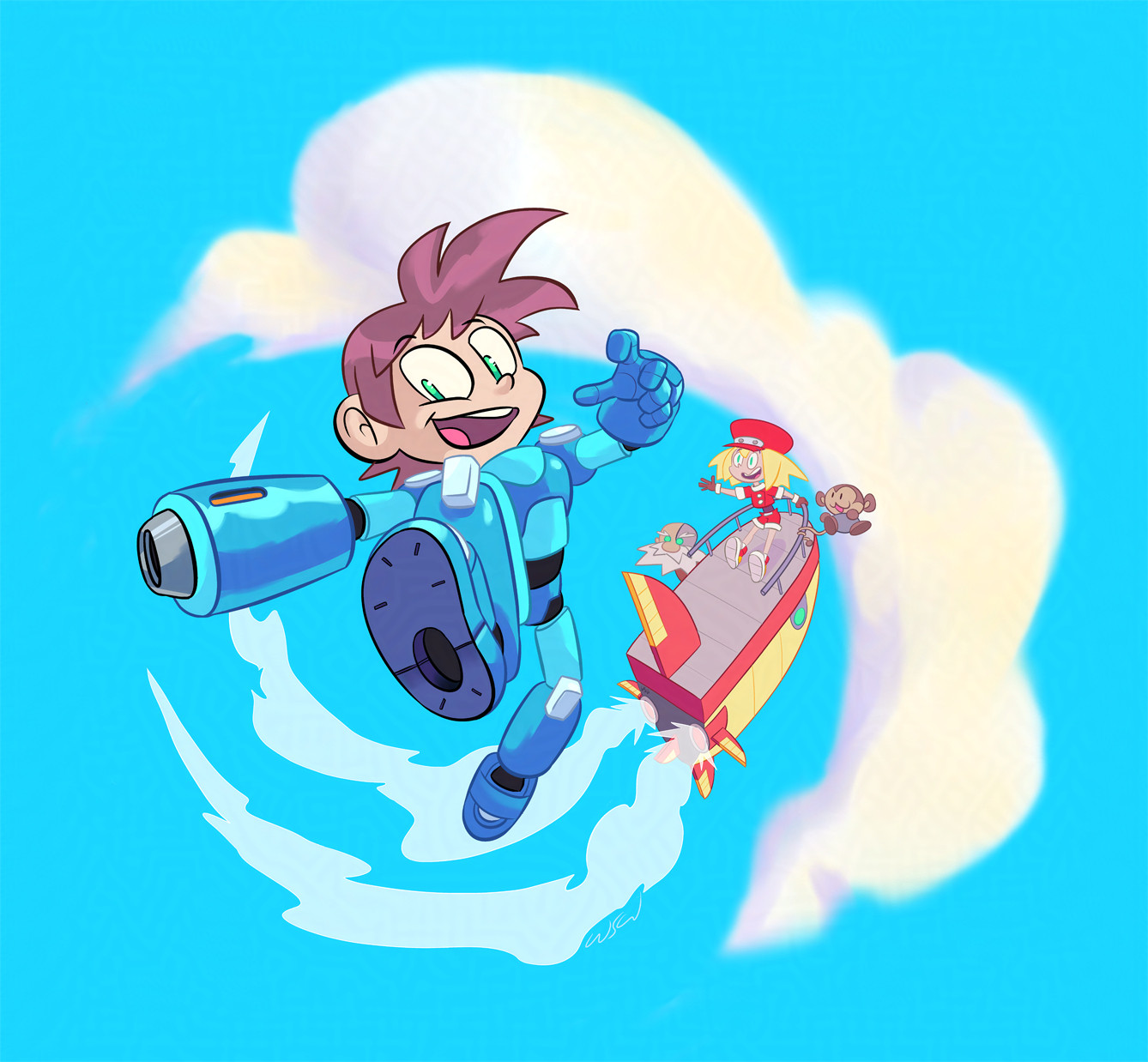 My illustration of Volnutt from Mega Man Legends leaping in the sky with Roll, Data, and Barrell on their ship The Flutter flying in the background.