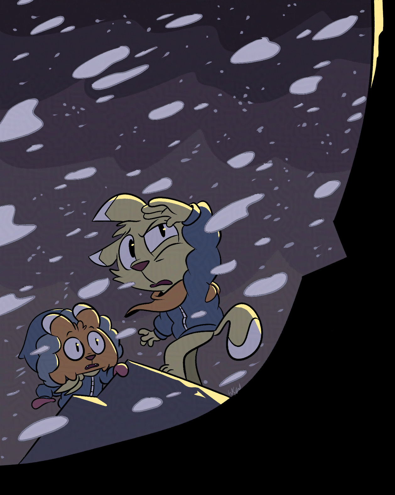 My illustration of my own characters, Munchy and Zemi wearing warm coasts and climbing a mountain in the snow. 