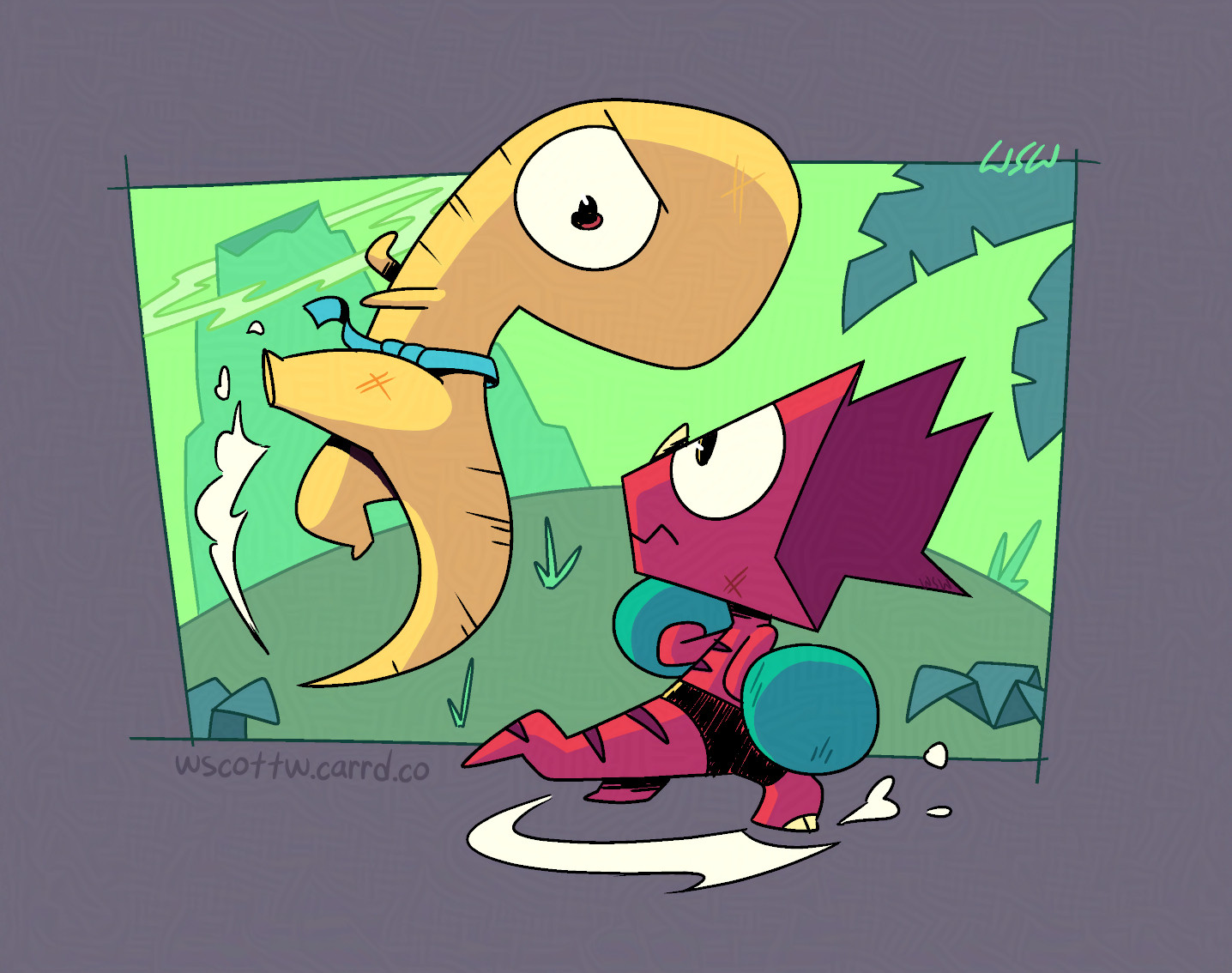 My illustration of my own characters, a boxing red dinosaur cartoon and a yellow t-rex with a karate belt, fighting in a green jungle setting. 