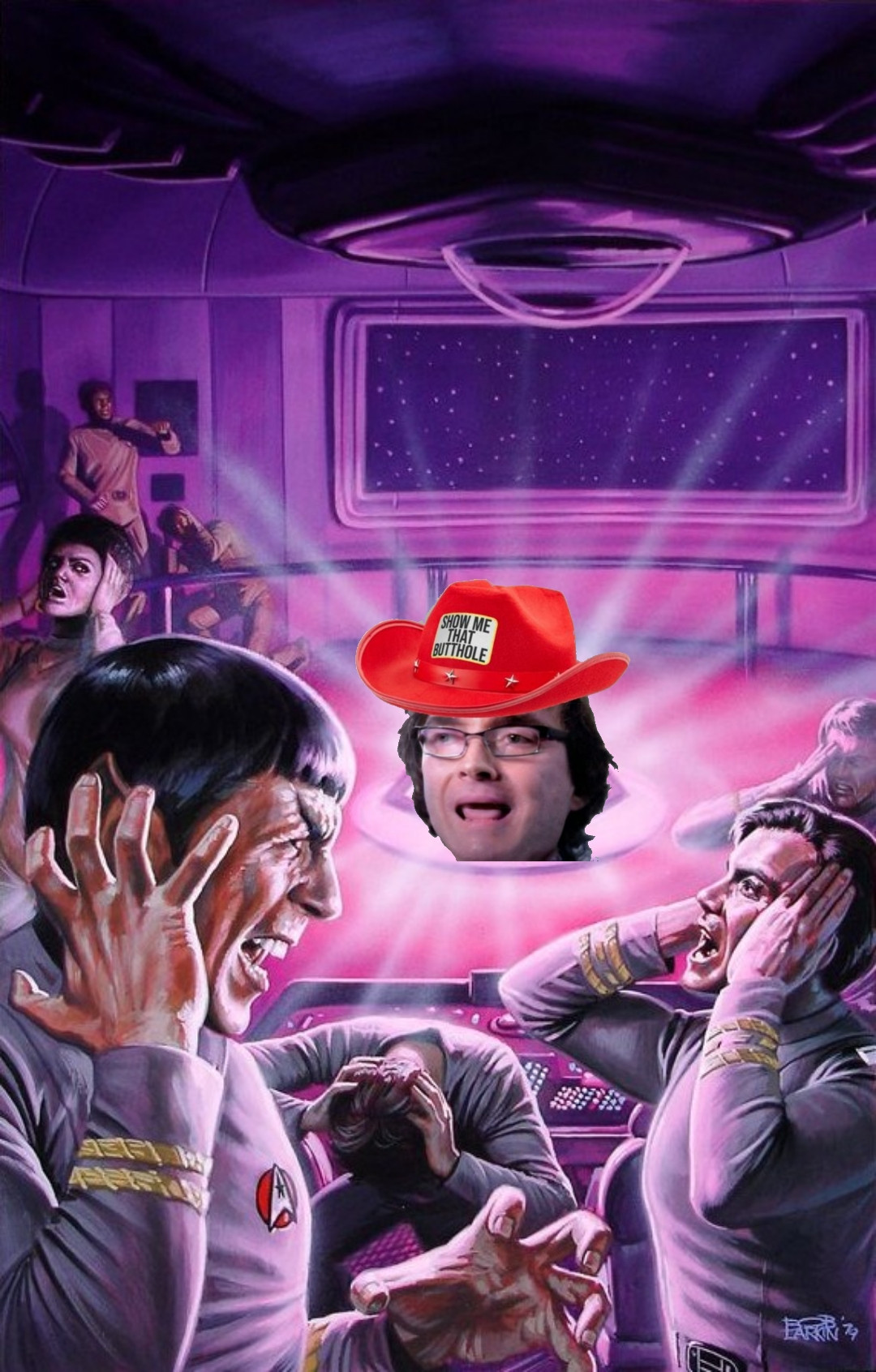 cover art of the original star trek crew in complete agony by Bob Larkin (1979). crudely photoshopped my profile photo in the center of it all