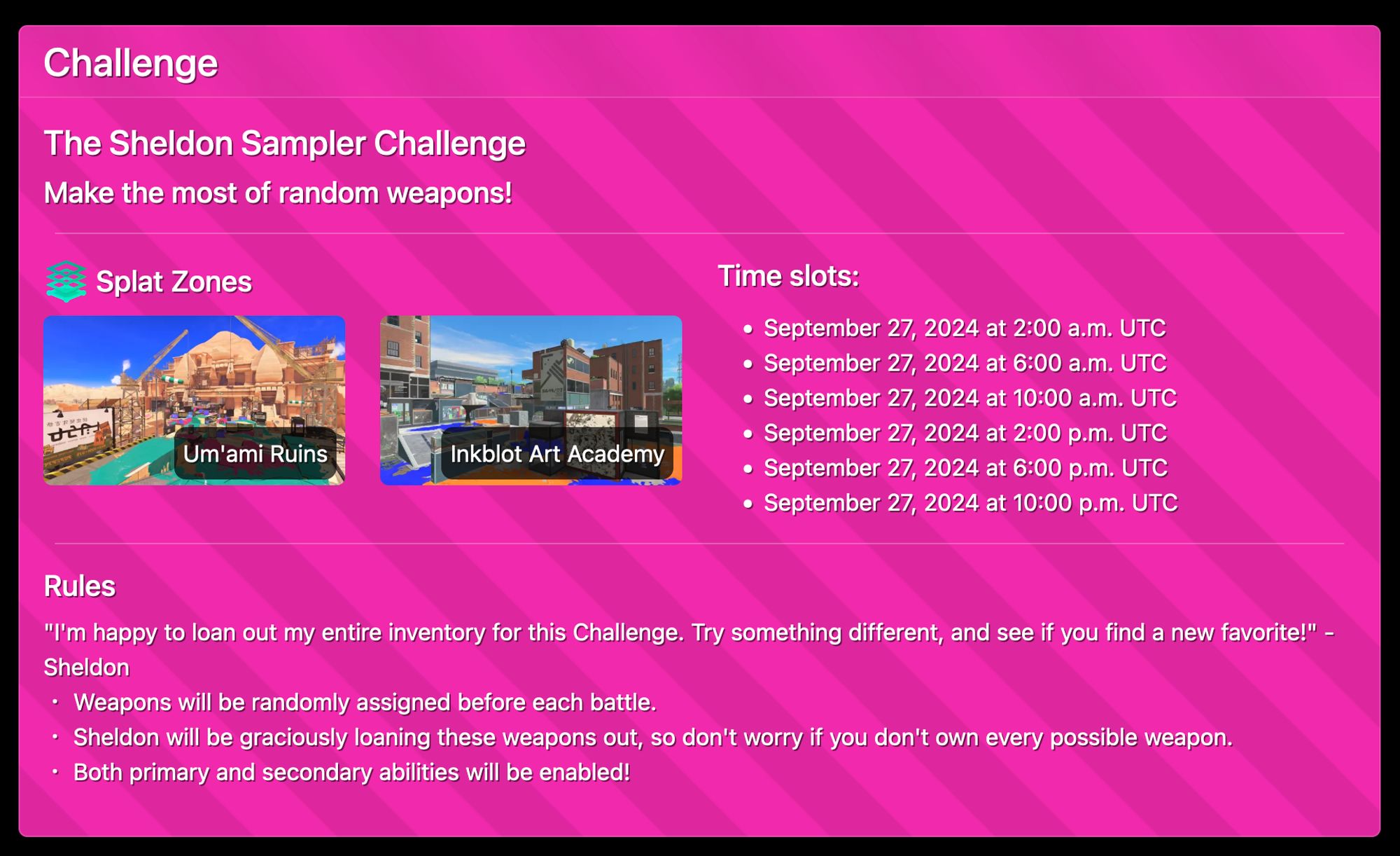 A screenshot of a Challenge card from the JelonzoBot website. The Challenge type is "Sheldon Sampler Challenge” on the gamemode Splat Zones with the stages Um'ami Ruins and Inkblot Art Academy.