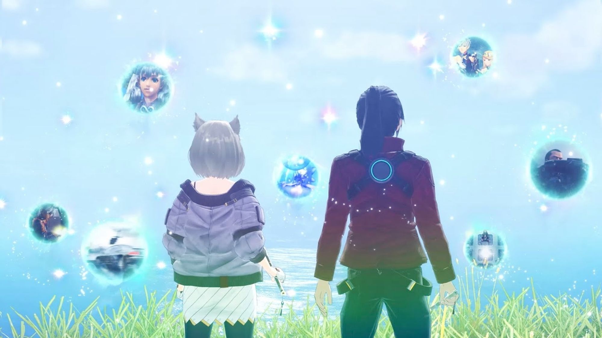 The YouTube thumbnail for the 25th Anniversary of Monolith Soft. video. Noah and Mio are standing in a grassy field, looking out on bubbles depicting past Monolith Soft. franchises.