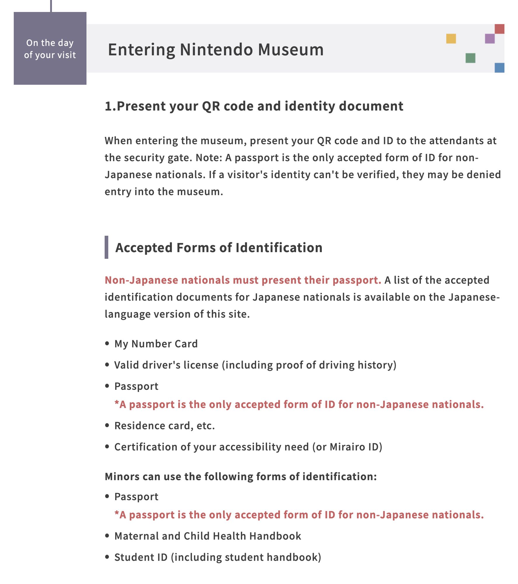 A screenshot of the Nintendo Museum's visitor's guide. It reads: "A passport is the only accepted form of ID for non-Japanese nationals. If a visitor's identity can't be verified, they may be denied entry into the museum."