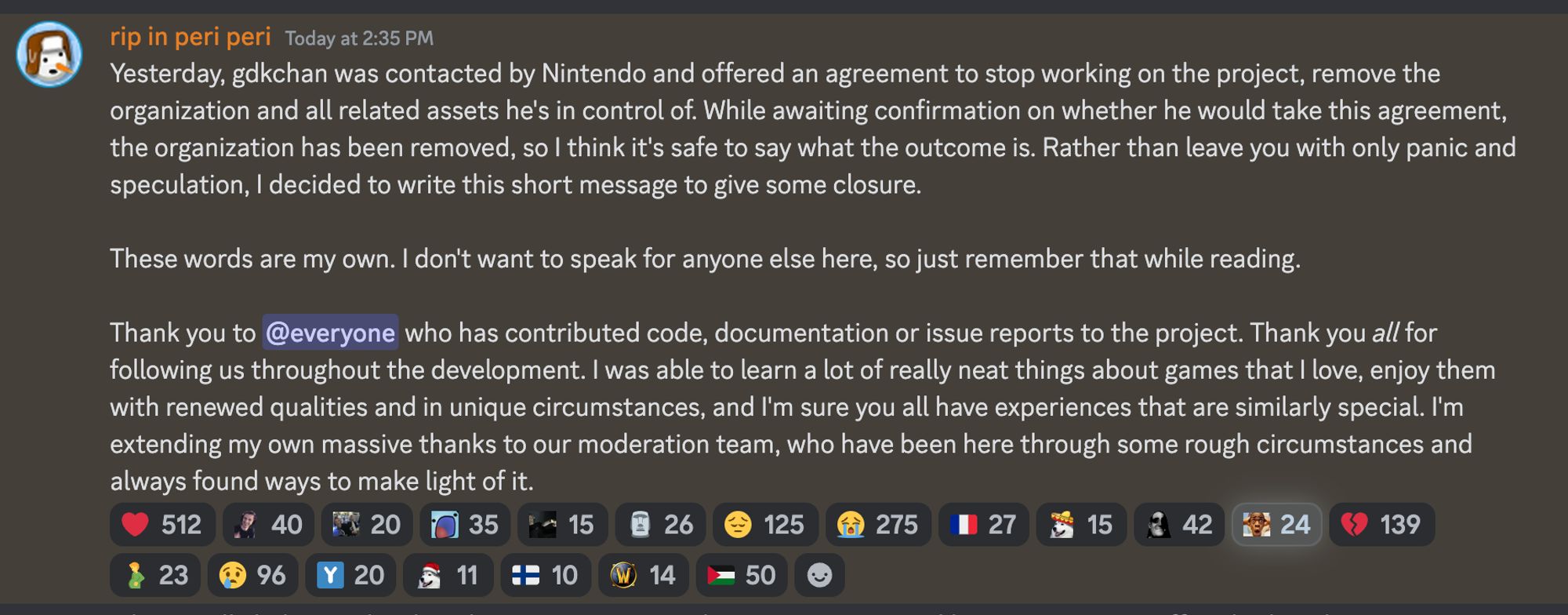 A screenshot of a statement made by a Ryujinx developer.