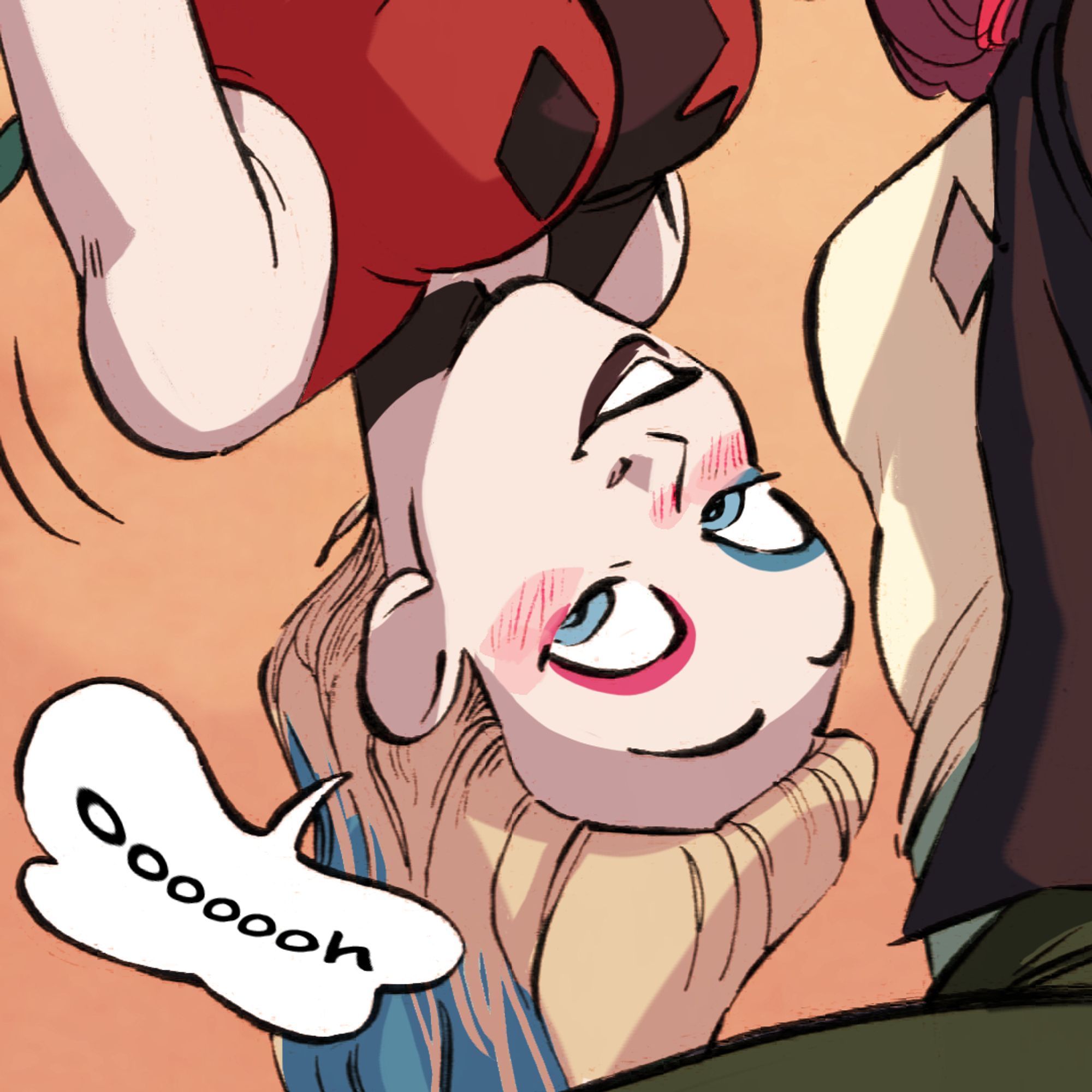 Harley upside down going "ooooh" and blushing