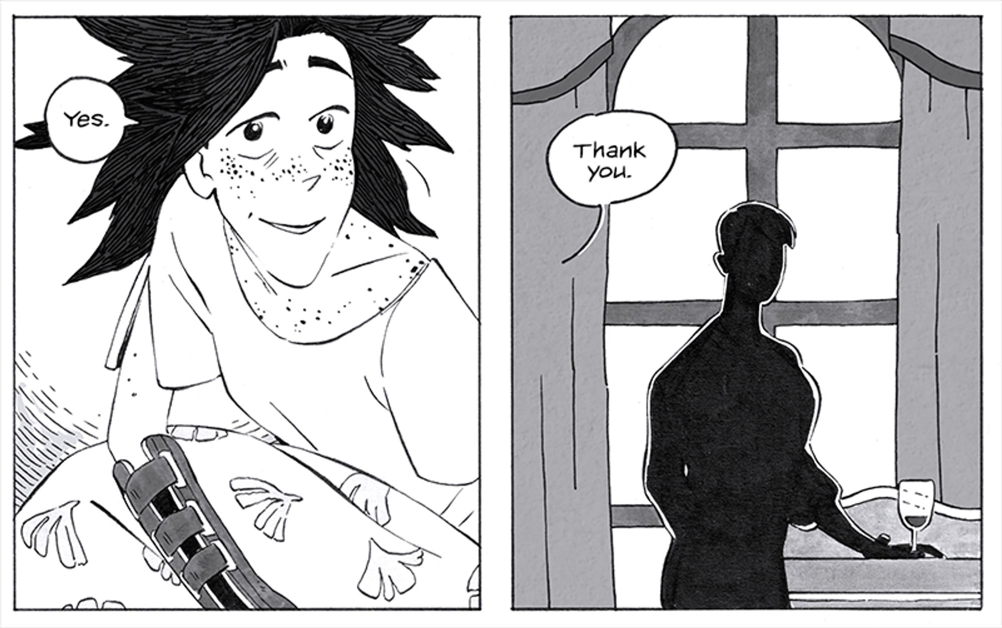 Pia looking up, saying "Yes, thank you" with the second panel featuring a dark silhouette in front of a big window