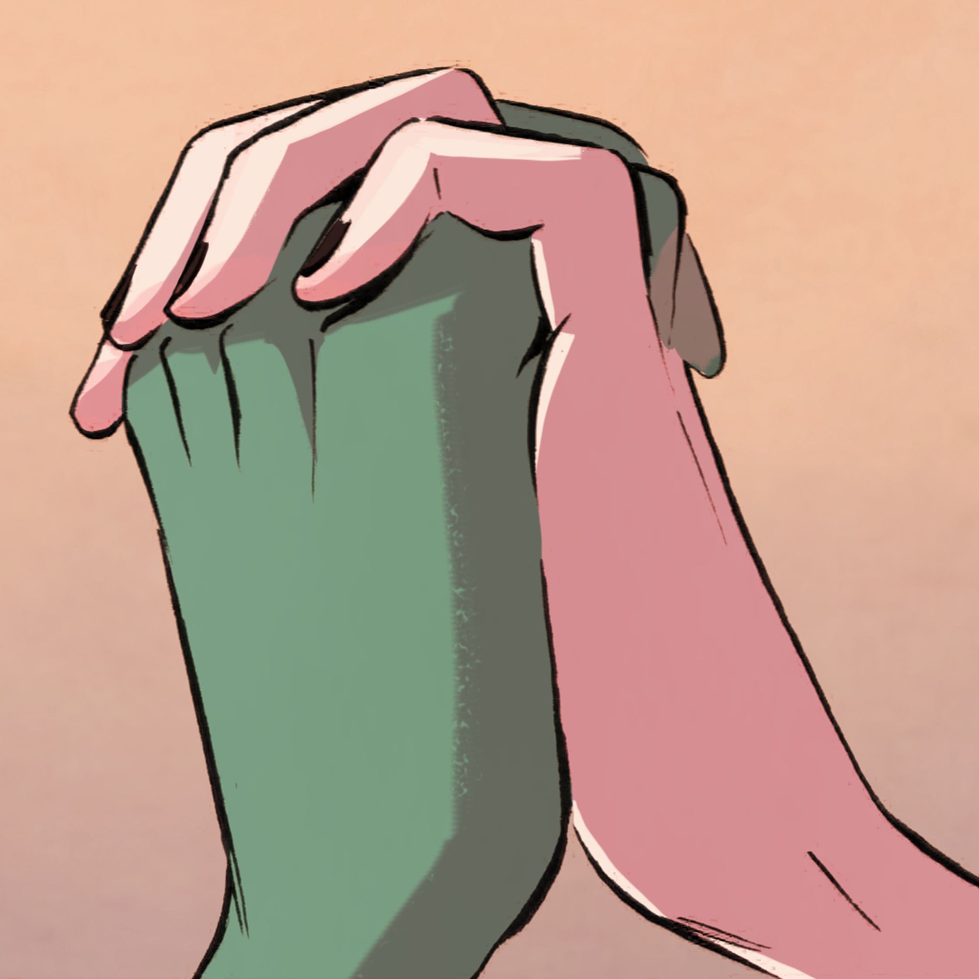 green hand and white hand clasped together