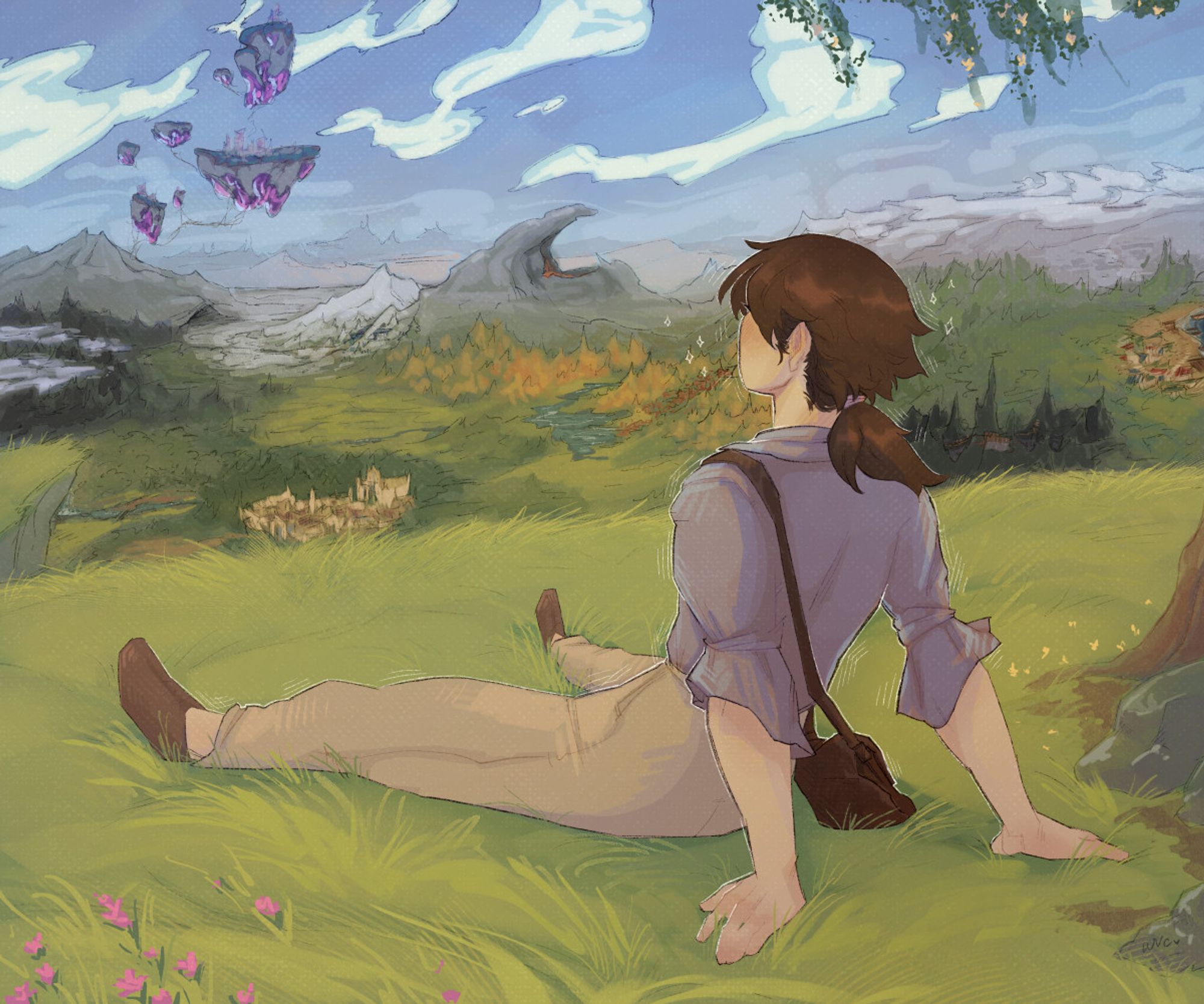 #wulverart

Drawing of a fantasy world, my Oc Thirteen sitting on the grass calmly and enjoying the view