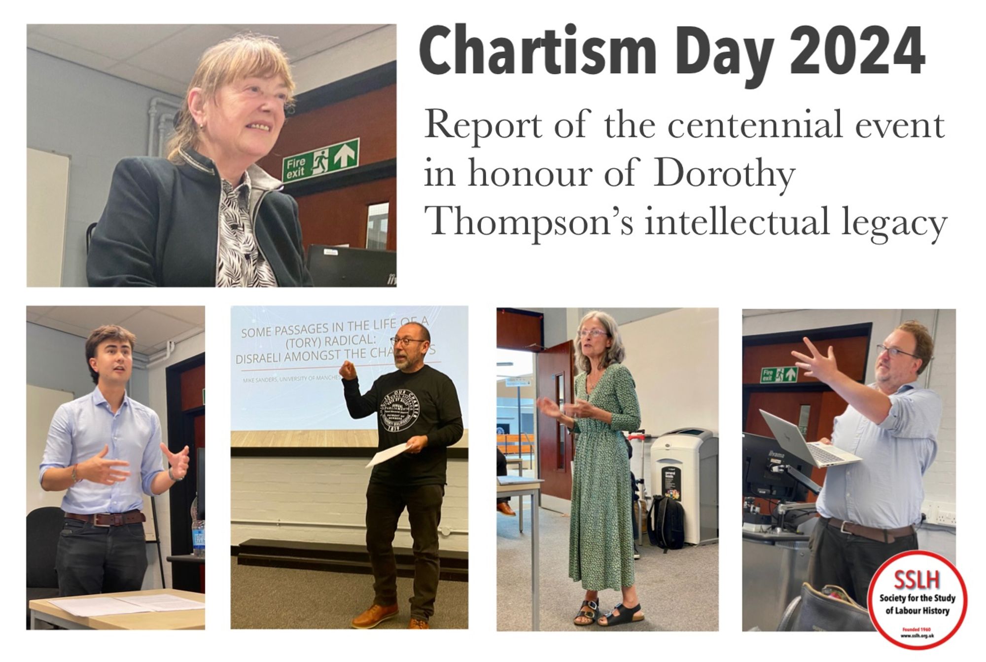 Text reads: ‘Chartism Day 2024: Report of the centennial event in honour of Dorothy Thompson’s intellectual legacy’. Pictures of conference speakers.