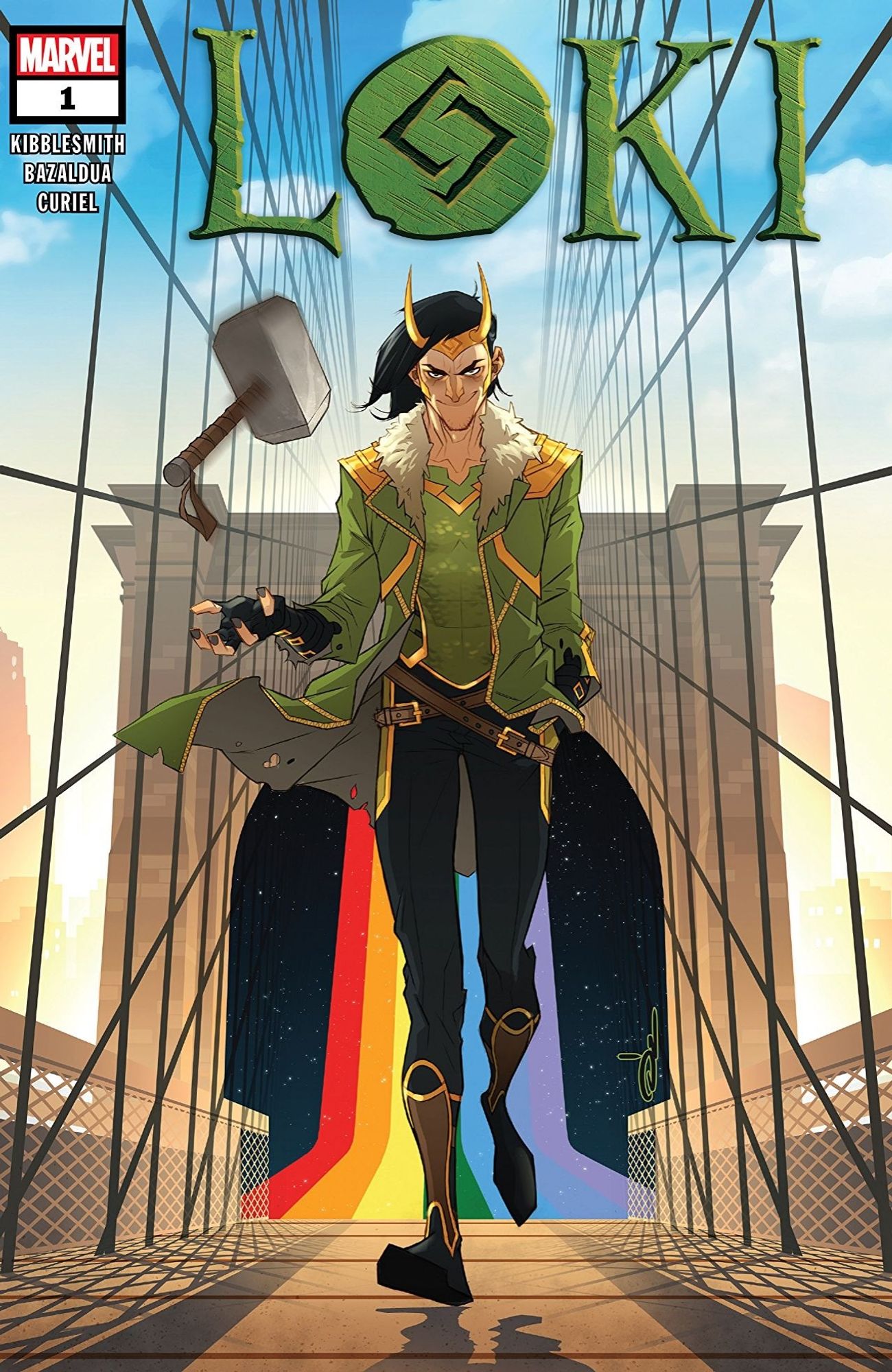 Comic cover for the 2019 Loki reboot comic #1 - it's Loki tossing mjolnir in the air and looking cocky as he does, the bifrost bridge behind him as he walks out. The title Loki above his head.