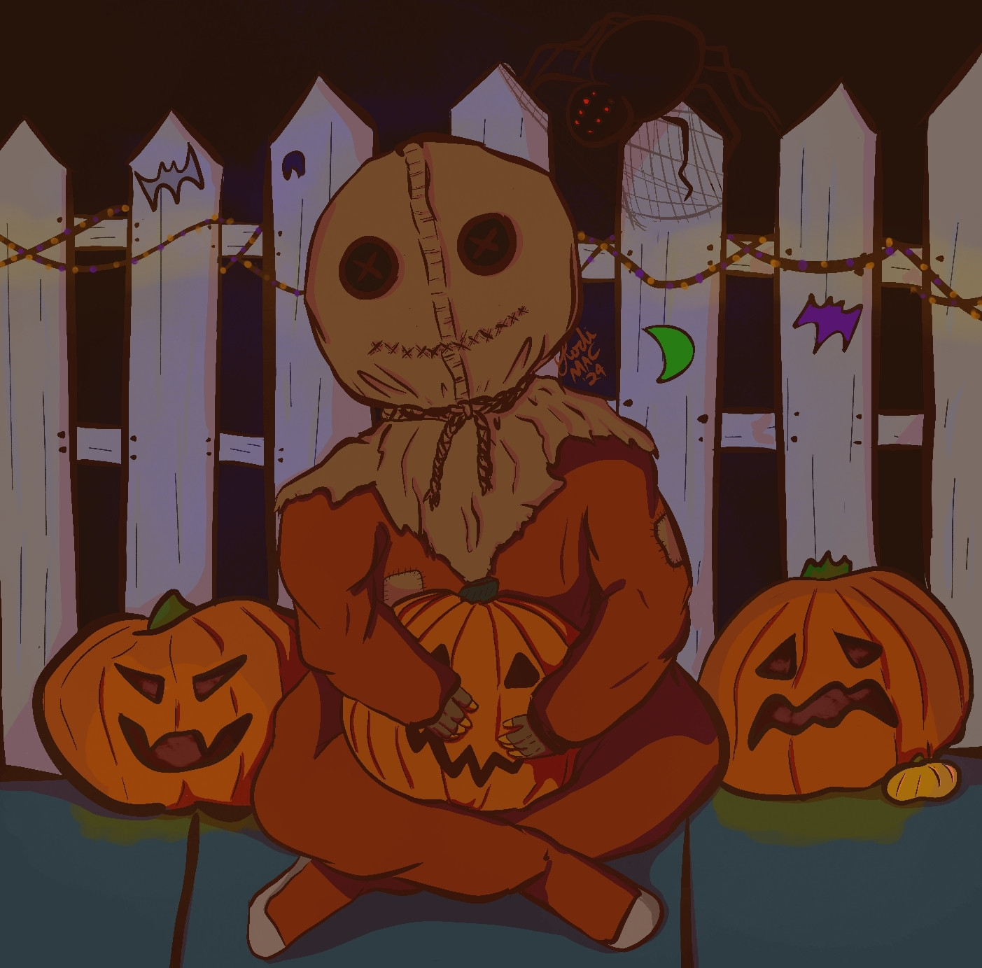 Art if Sam from Trick'rTreat sitting cross-legged in the ground and holding an unlit jack'o'lantern. To his left and right are two more jack-o-lanterns and also a small pumpkin. The background is a white fence decorated with Halloween lights and spiders and decor. The piece is shaded in various tones of red and oranges mostly to give off the appearance of the string lights and lanterns being the primary light sources.