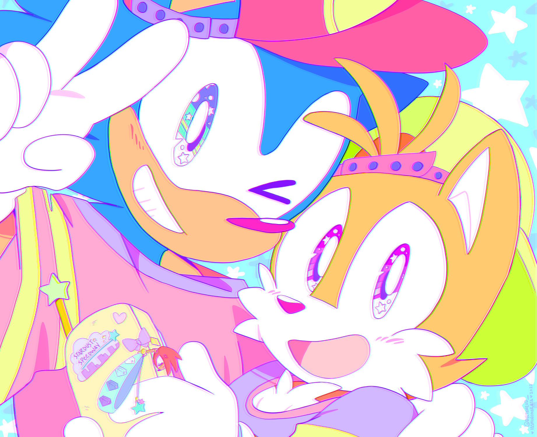 an illustration of sonic and tails wearing matching 90's-style outfits, based off of sonic's "favorite clothes" from the 1996 OVA.