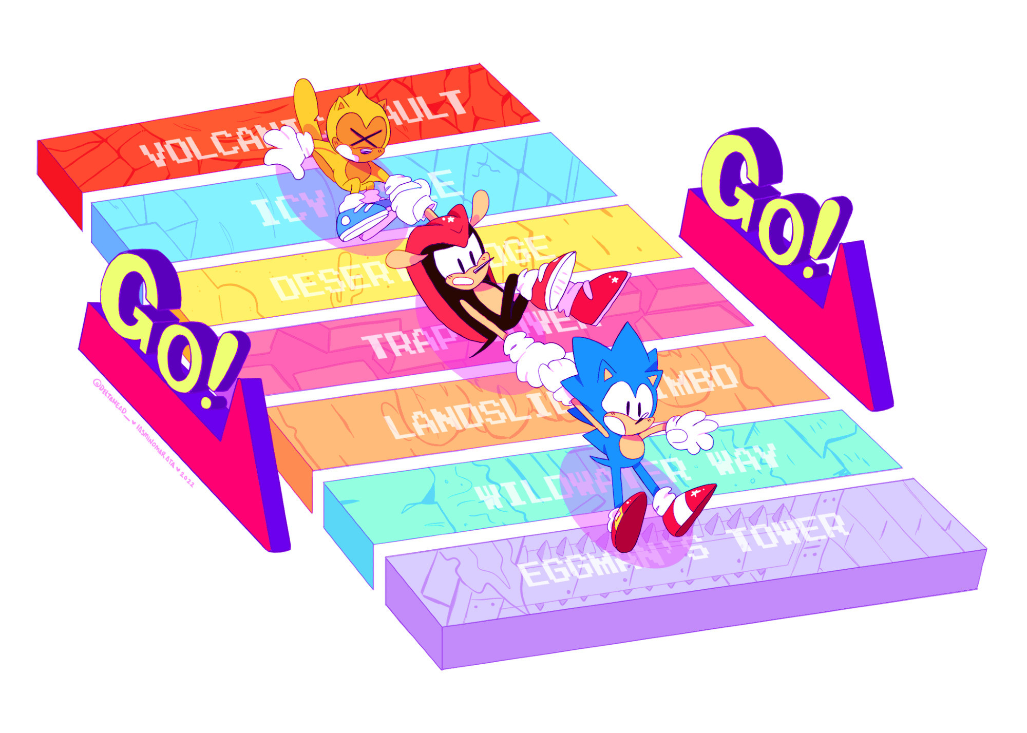 classic sonic, mighty the armadillo, ray the flying squirrel all hold hands as they slide down an isometric view of the levels from SegaSonic the Hedgehog, aka the arcade game that mighty & ray debuted in. the text GO!! can be seen beside them. hurry up and get outta there guys, so you can finally get some well-deserved chilltime together! 