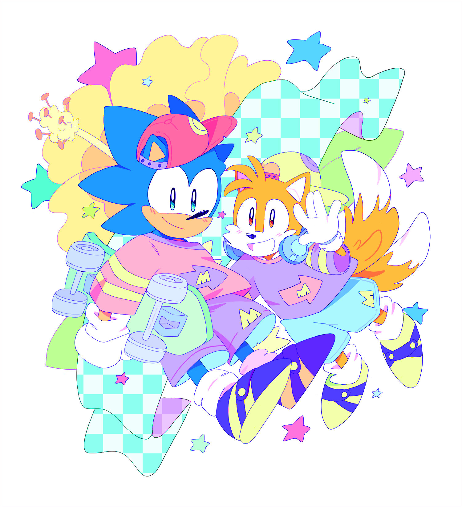 an illustration, from spring 2022, of classic sonic and classic tails posing cutely, looking at the viewer. they're in matching outfits based on sonic's (supposed) favorite clothes from the 1996 OVA -- baseball cap, baggy shirt and shorts, and purple/lime green shoes. sonic is holding a skateboard, too. they're very 90's and very cute!