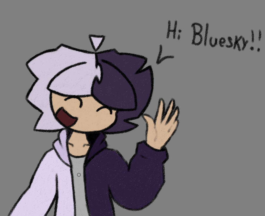 Freddy (my oc/sona character) waving at the camera with a dialogue bubble that reads "Hi Bluesky!!"