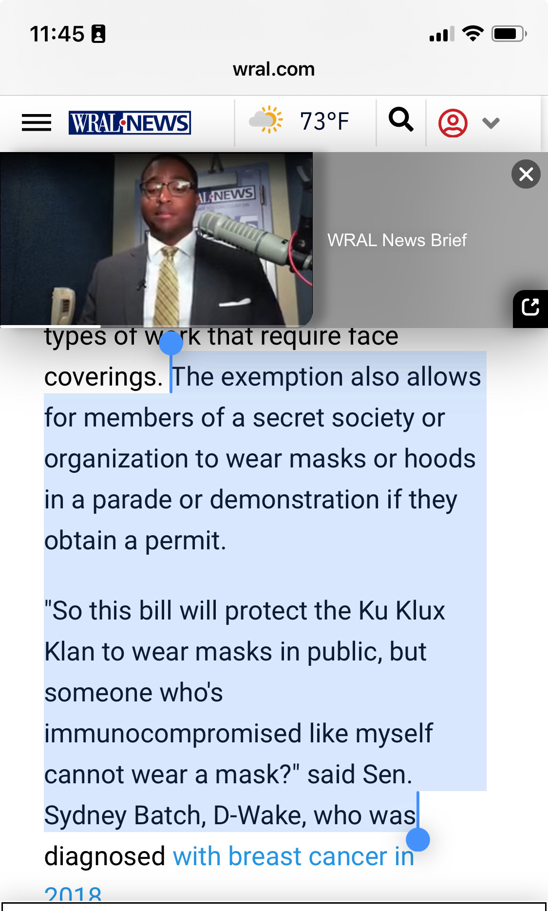 Quote from WRAL news: “The exemption also allows for members of a secret society or organization to wear masks or hoods in a parade or demonstration if they obtain a permit.
"So this bill will protect the Ku Klux Klan to wear masks in public, but someone who's immunocompromised like myself cannot wear a mask?" said Sen. Sydney Batch, D-Wake, who was”