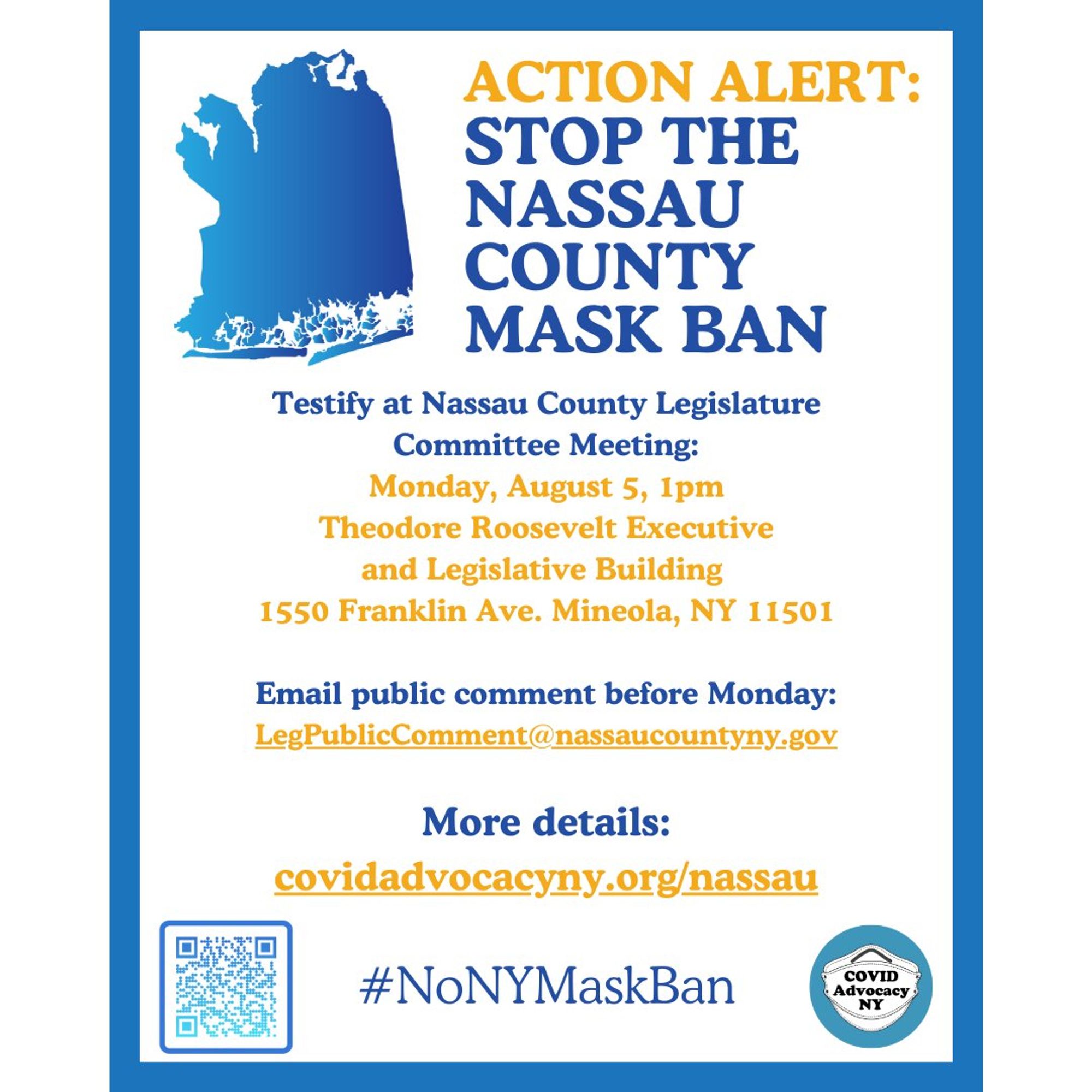 action alert: stop the nassauc county mask ban. Testify at Nassau County legislature committee meeting monday aug 5 1pm 1550 franklin ave mineola NY 11501
email public comment before monday legpubliccomment@nassaucountyny.gov more details covidadvocacyny.org/nassau