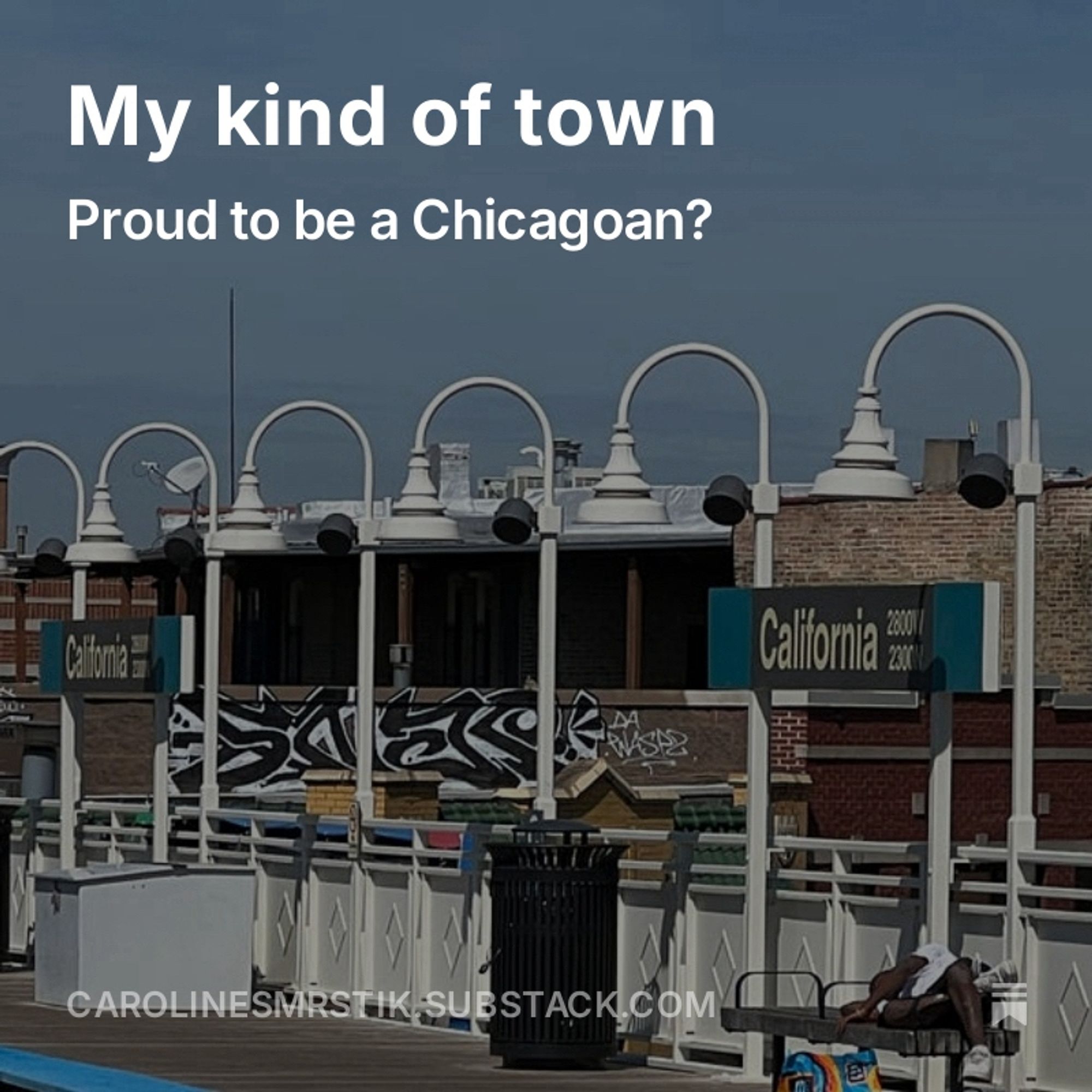 California stop on Chicago’s Blue Line “El” : white platform and lamps against blue sky.