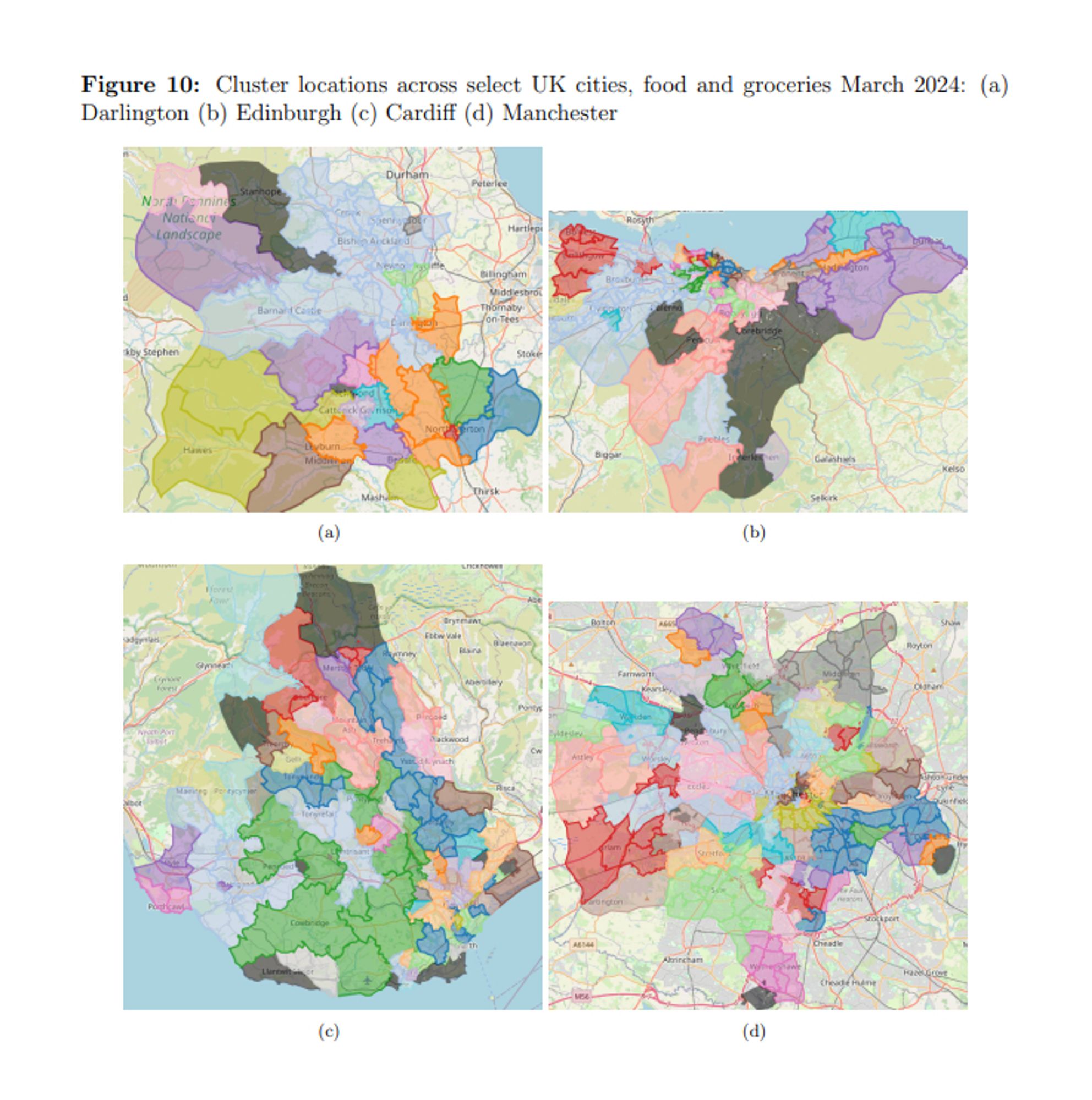 Maps showing cluster locations across select UK cities, food and groceries March 2024: (a) Darlington (b) Edinburgh (c) Cardif (d) Manchester