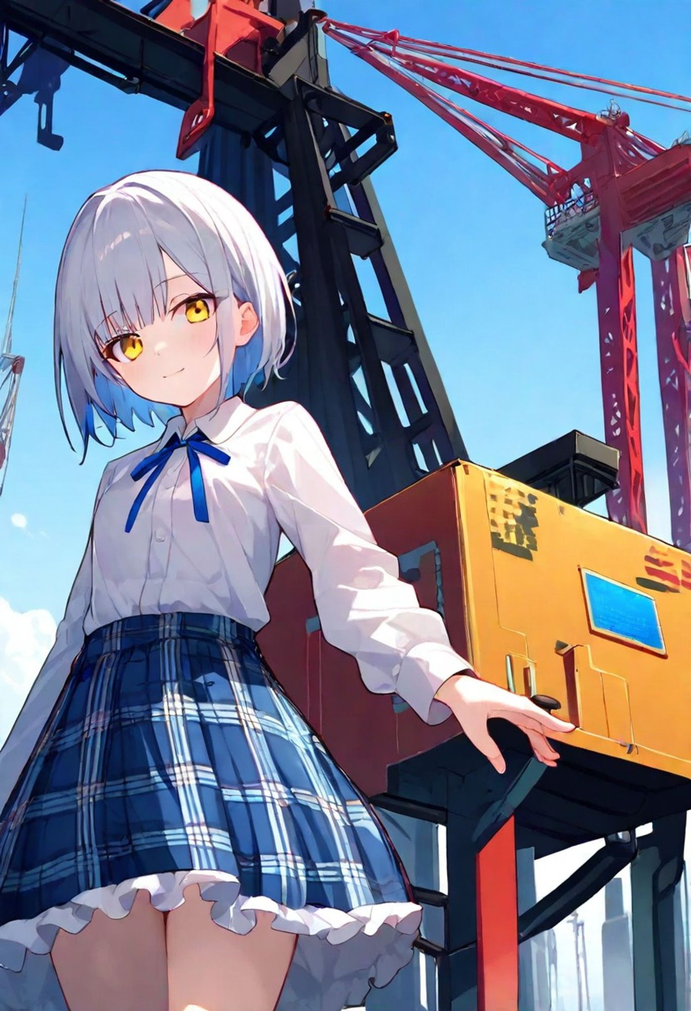 masterpiece, best quality, very aesthetic, absurdres, 
highres, extremely detailed, ultra detailed, 
1girl, silver hair, short hair, yellow eyes, 
standing, looking at viewer, cowboy shot, from below, 
light smile, 
white shirt, collared shirt, neck ribbon, blue ribbon, 
long sleeves, 
blue skirt, plaid skirt, frilled skirt, 
(crane \(machine\):1.2), 
Negative prompt: worst quality, low quality, watermark, signature, username, greyscale, sepia, 

Steps: 20, Sampler: DPM2, Schedule type: Karras, CFG scale: 7, Seed: 948389708, Size: 832x1216, Model hash: 3e15ba0038, Model: illustriousXL_v01, Clip skip: 2, Hires prompt: , Hires negative prompt: , Emphasis: No norm, Version: v1.10.1