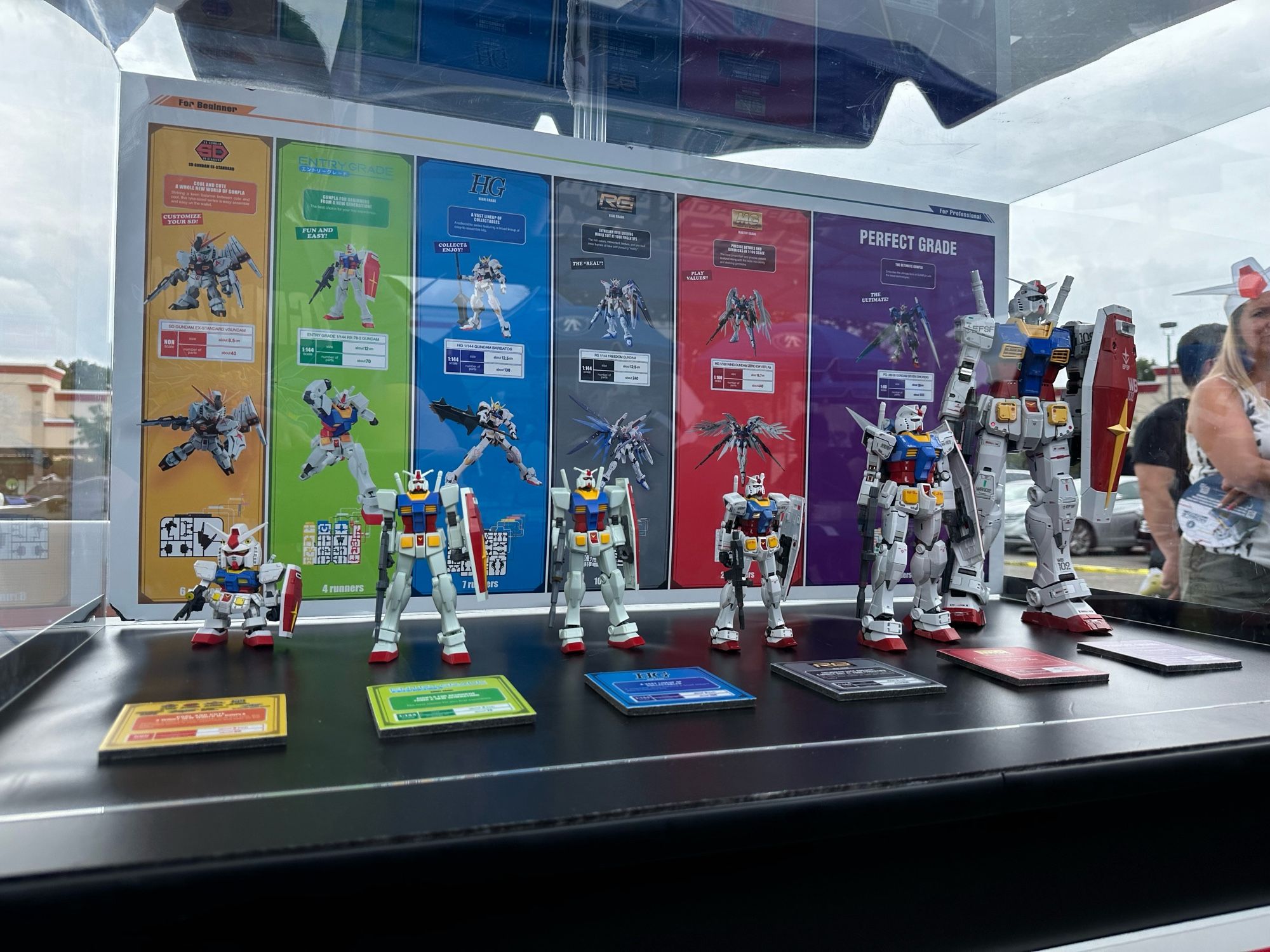 A display of RX-78-2 kits in increasingly large scales. From left to right: SD, Entry Grade, High Grade, Real Grade, Master Grade, and Perfect Grade.