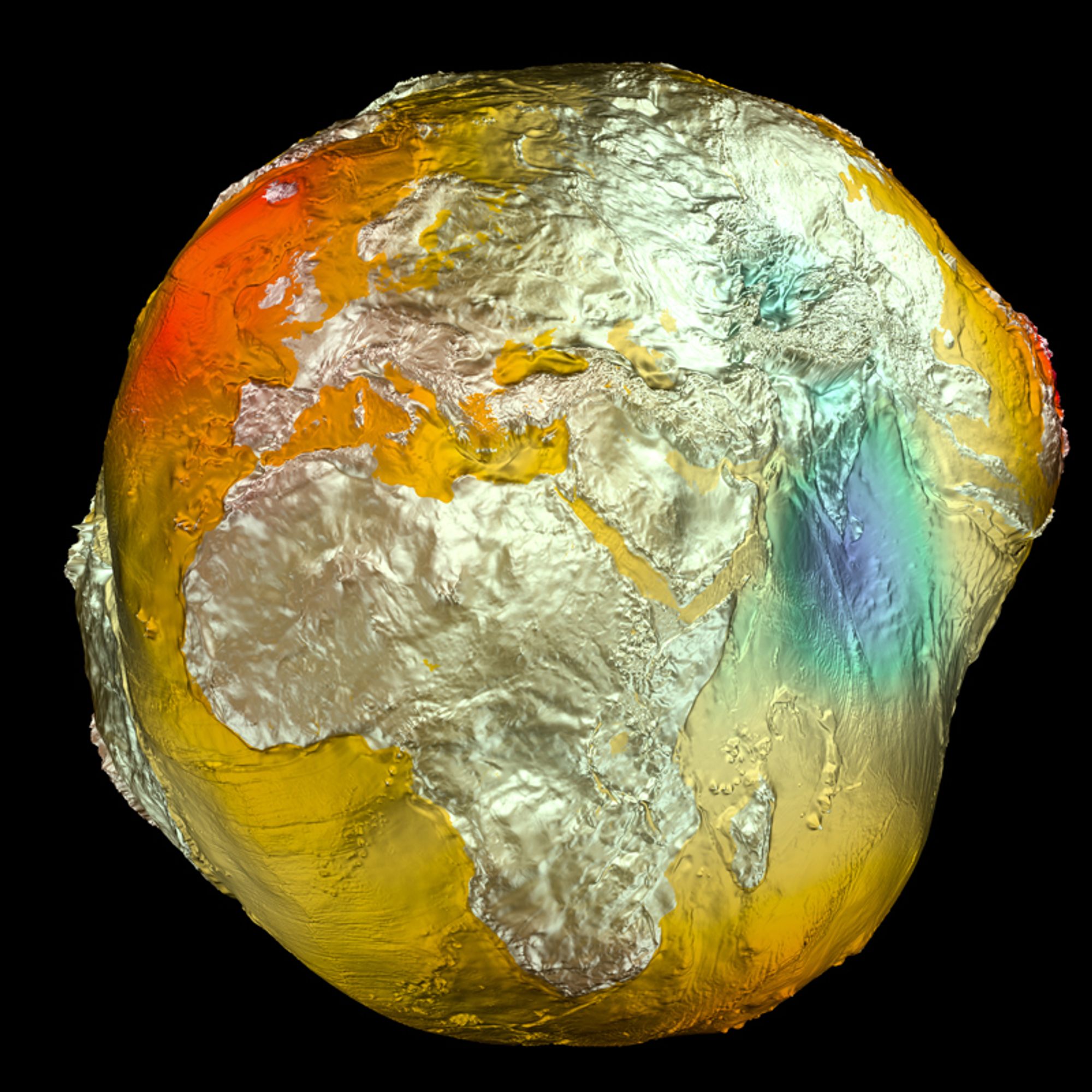 Globe (geoid) depicting the Earth's gravity field with bumps and dents representing anomalies (nickname: Potsdam Potato). Die "Potsdamer Kartoffel" des GFZ zeigt das Erdschwerefeld, das ungleich verteilt ist.