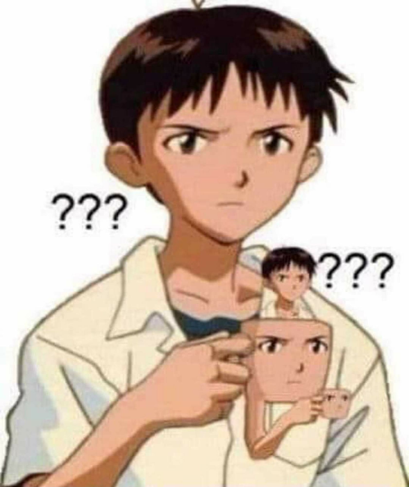 Image of Shinji Ikari from Neon Genesis Evangelion holding a mug with his face on it that also has a smaller image of him on top of the mug with an arm sticking out holding a mug with his face on it. Around him are multiple question marks as he has a puzzled face