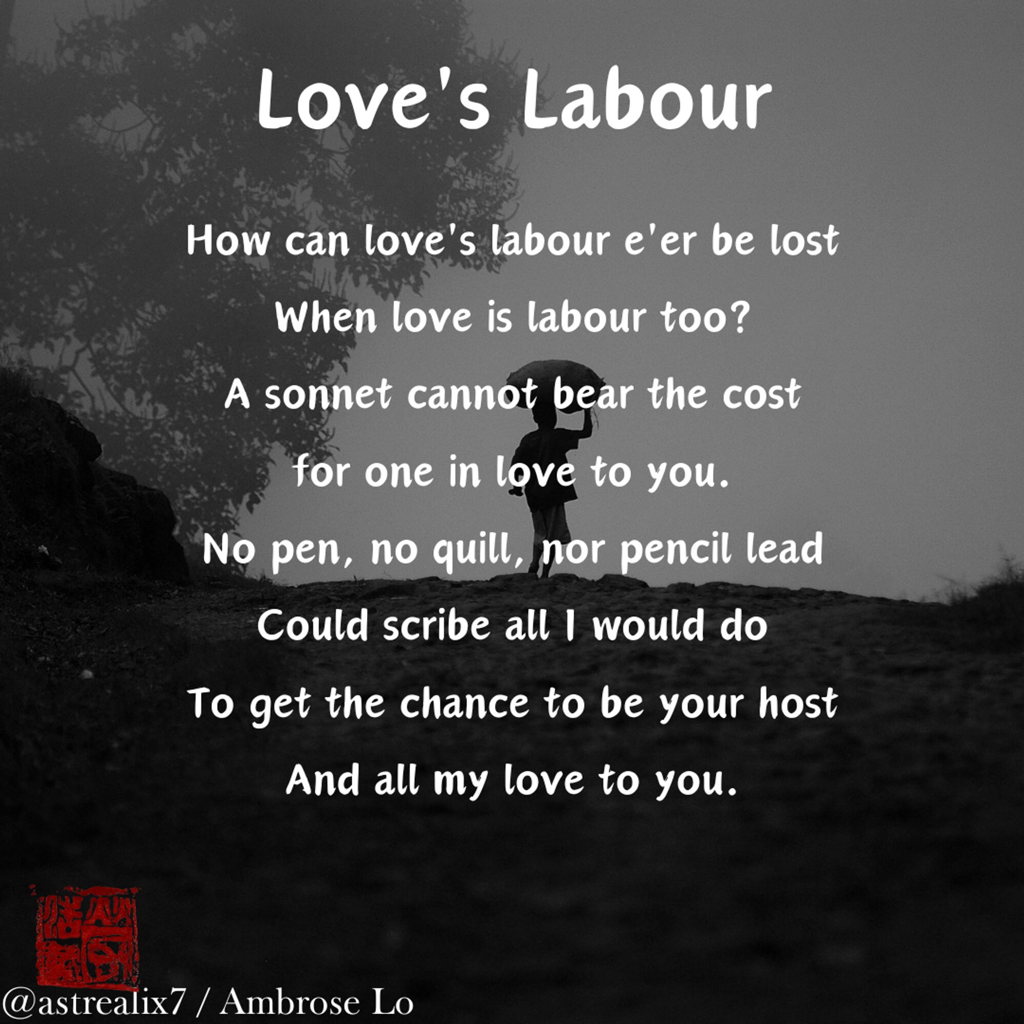 Love's Labour
How can love's labour e'er be lost
When love is labour too?
A sonnet cannot bear the cost
for one in love to you.
No pen, no quill, nor pencil lead
Could scribe all I would do
To get the chance to be your host
And all my love to you.