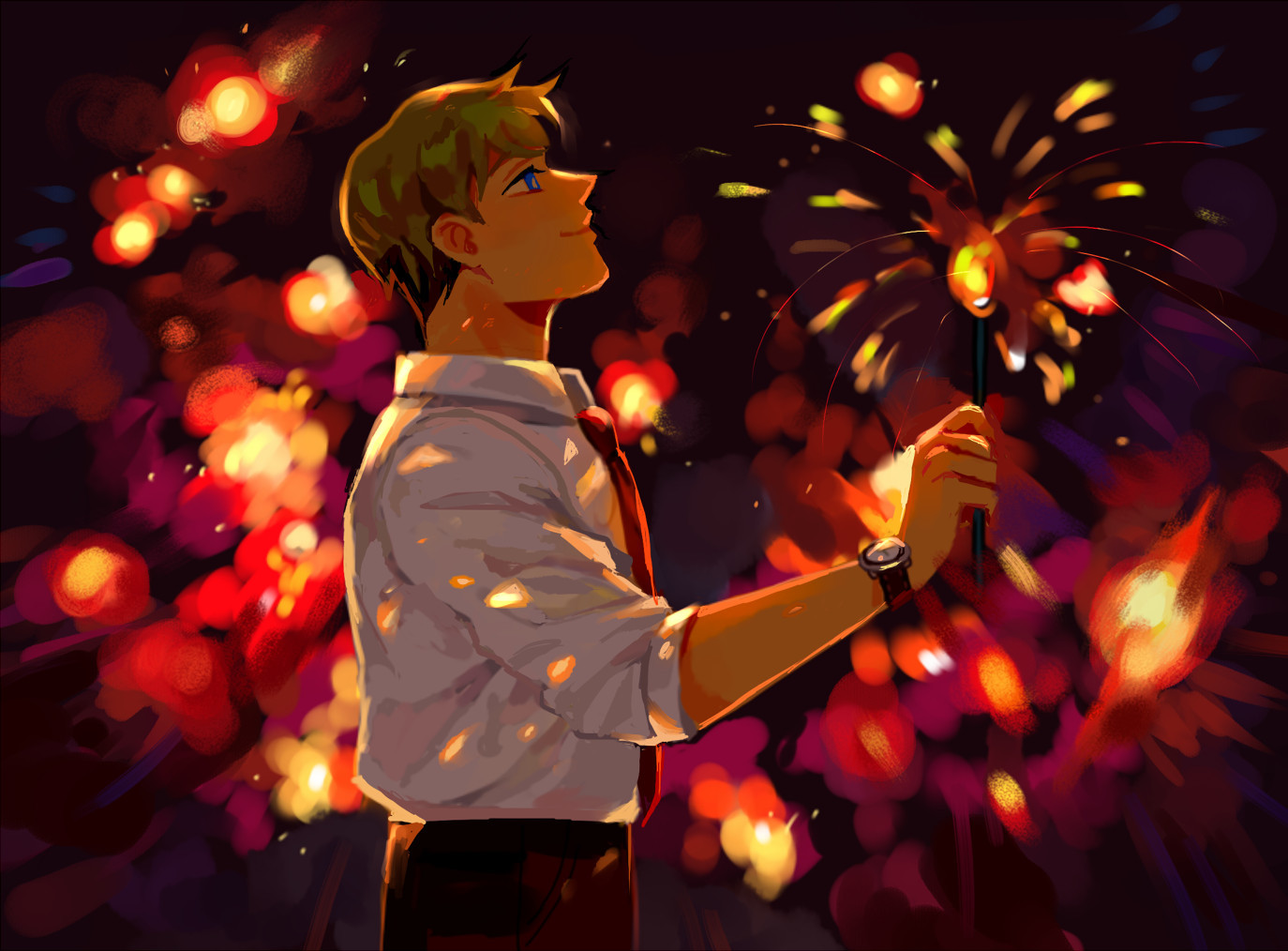 antoine (blond man in in dress shirt, red tie, brown pants) smiling as he looks up, he's holding a firework. the background is also pops of fireworks blazing