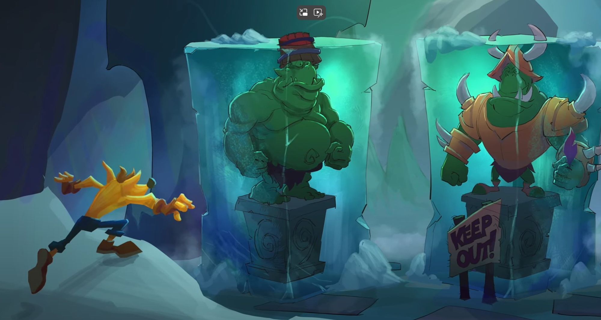 Concept art from the cancelled Crash Bandicoot 5 project. Here Crash is shown to be in a frozen cave overlooking Gnasty Gnorc and a bucket wearing gnorc frozen in ice.