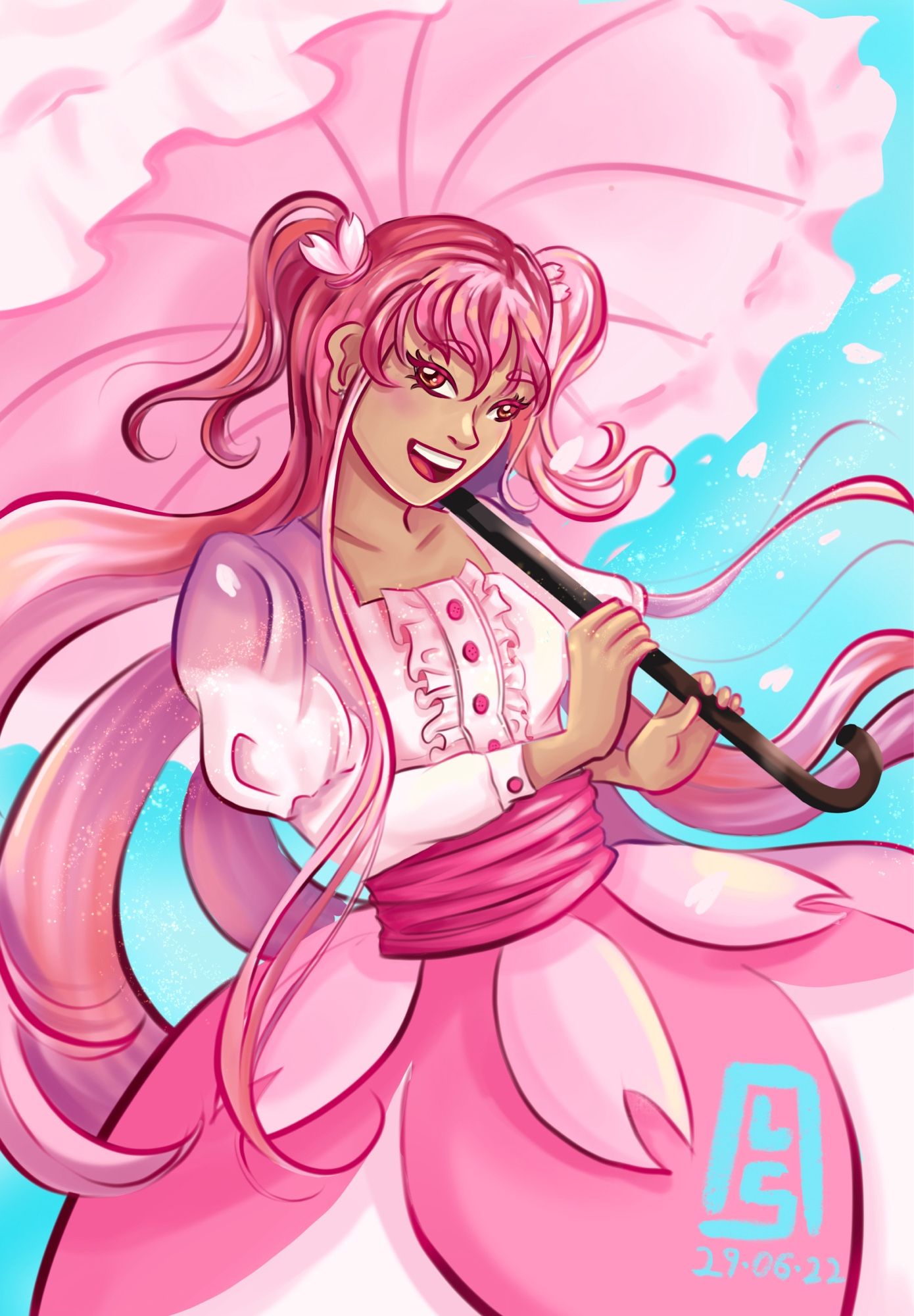 Illustration of cookie run’s cherry blossom cookie, happy, in the spring wind and blue skies, holding a pink parasol.