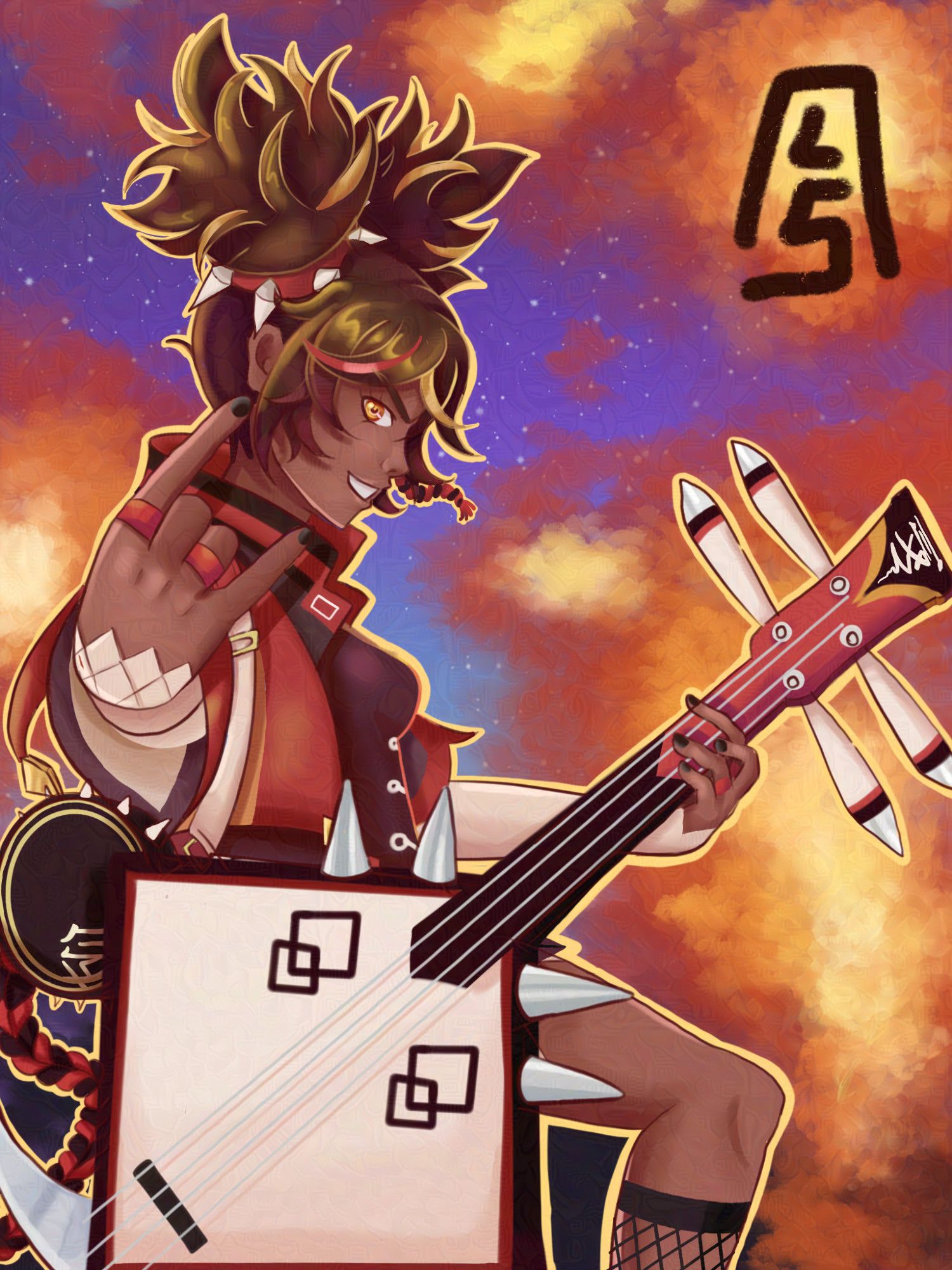 xinyan illustration, side view with her looking at the camera making the rock symbol and holding her instrument, it shares resemblance to the chinese pipa. fiery smoke can be seen in the background, she's playing under the night sky