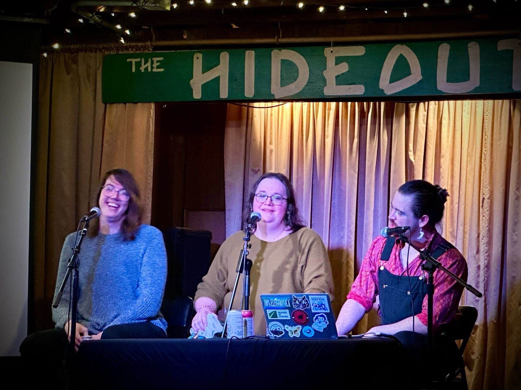 June, Audrey, and Donovan at the Radio Free Tote Bag live show