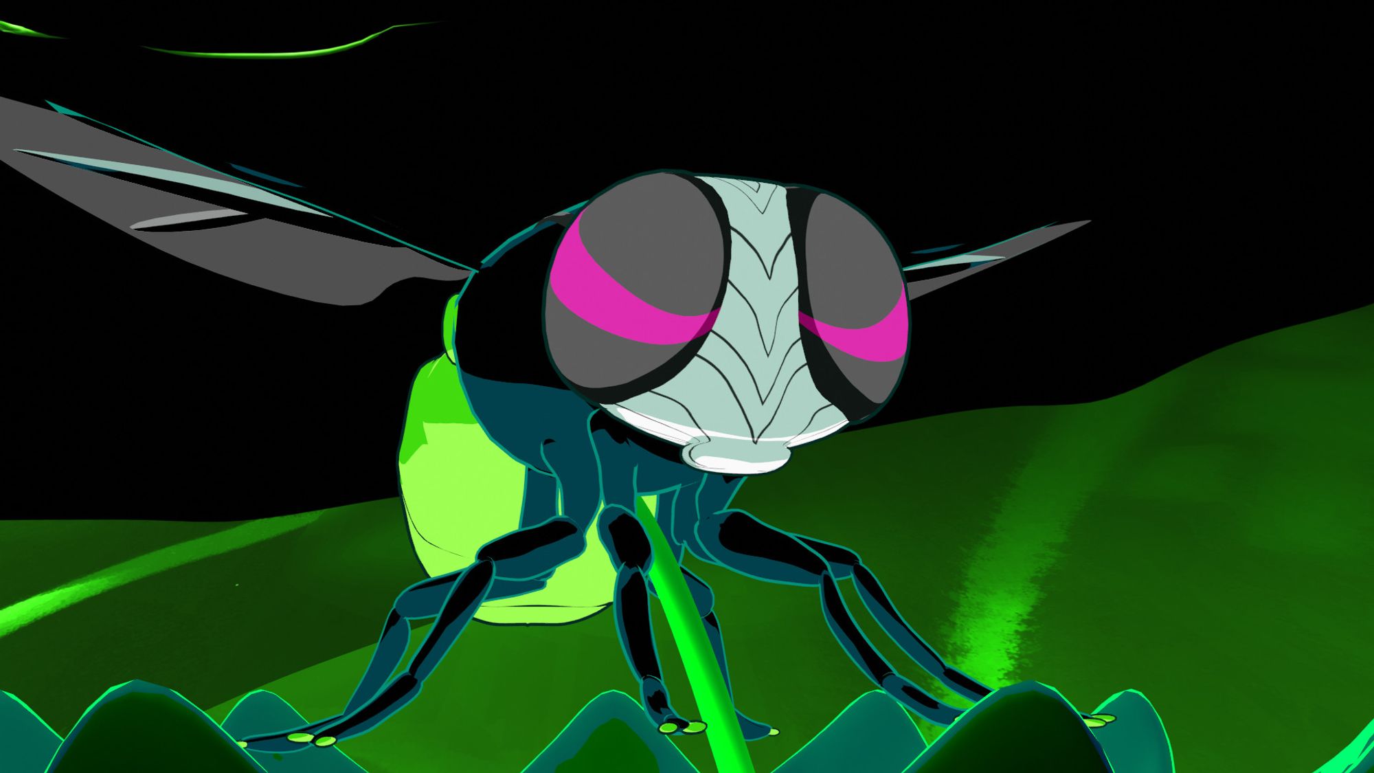 A cartoon fly with a bandaged face looking menacing.