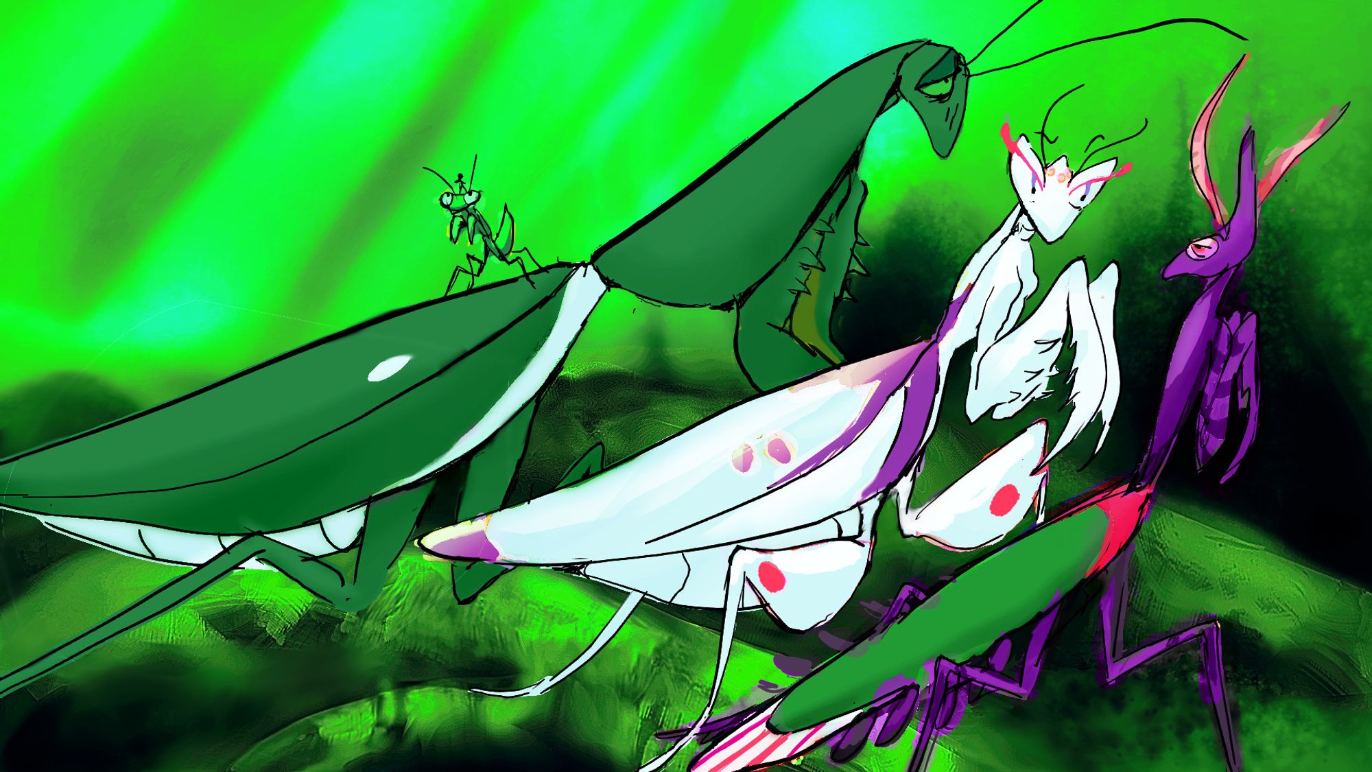 Three giant mantises stand in a forest. One is larger than the others and looks weary, and her back flares into a shield. She has a baby mantis on her abdomen, who in turn has a little humanoid figure on her head. The second mantis is an orchid mantis, very pretty with tall, pointy eyes. She's hitting on the third mantis, the smallest and skinniest, who has a long, cone-shaped head and big, fluffy antennae. He does not look impressed.