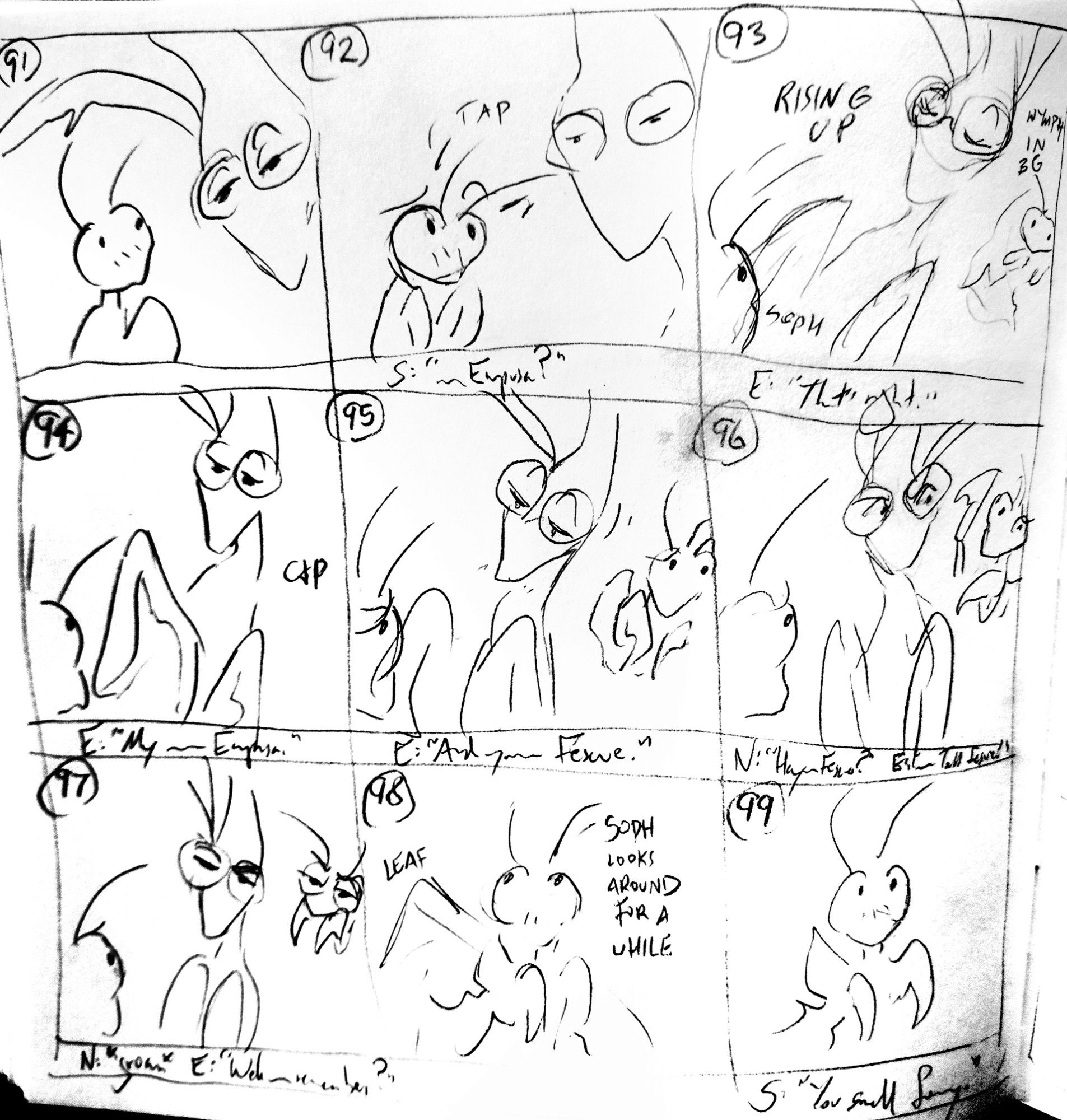 A nearly indecipherable sketchy storyboard of an adult praying mantis interacting with two child mantises.