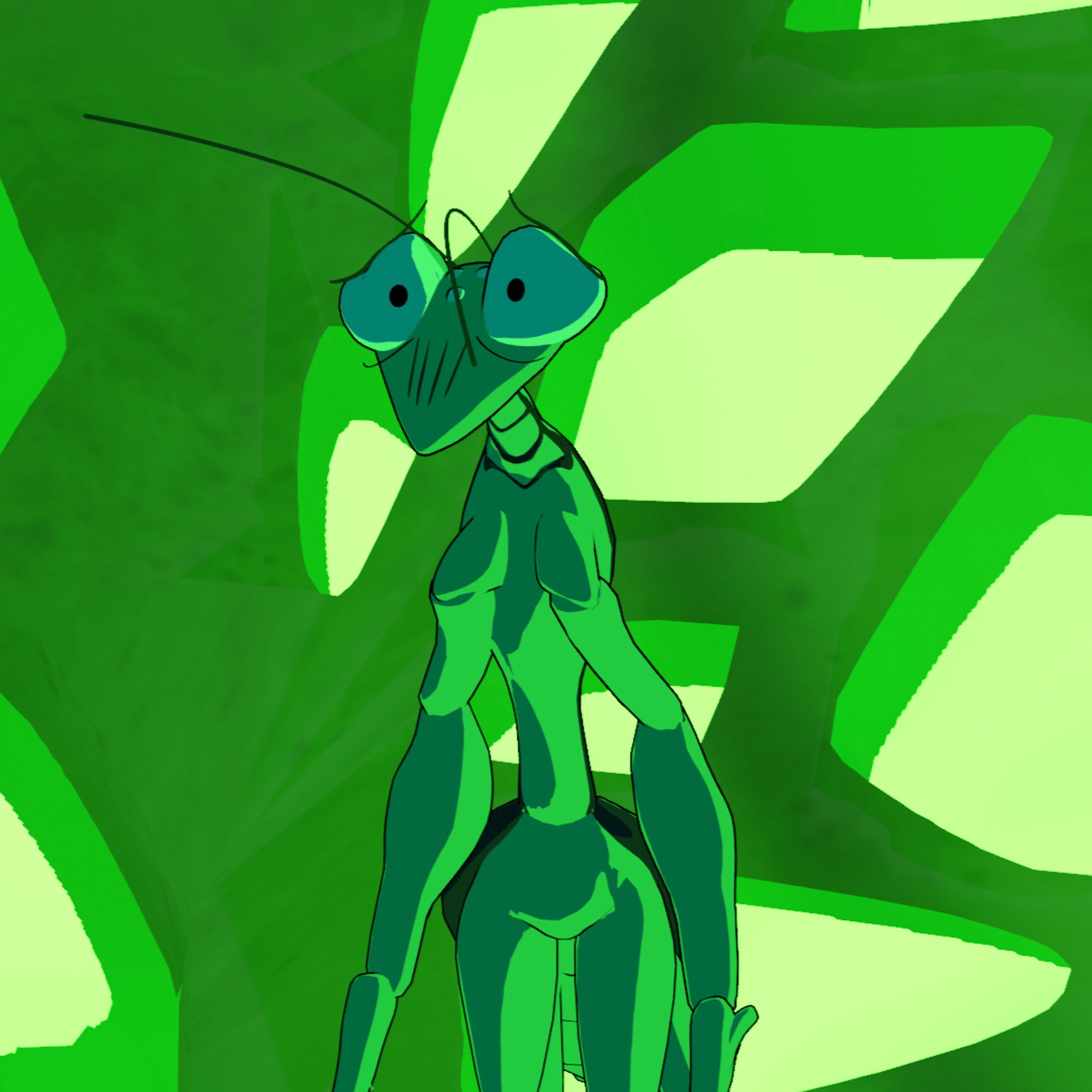 A cartoon praying mantis against a background of glowing, uneven windows. She seems to be experiencing some doubt.