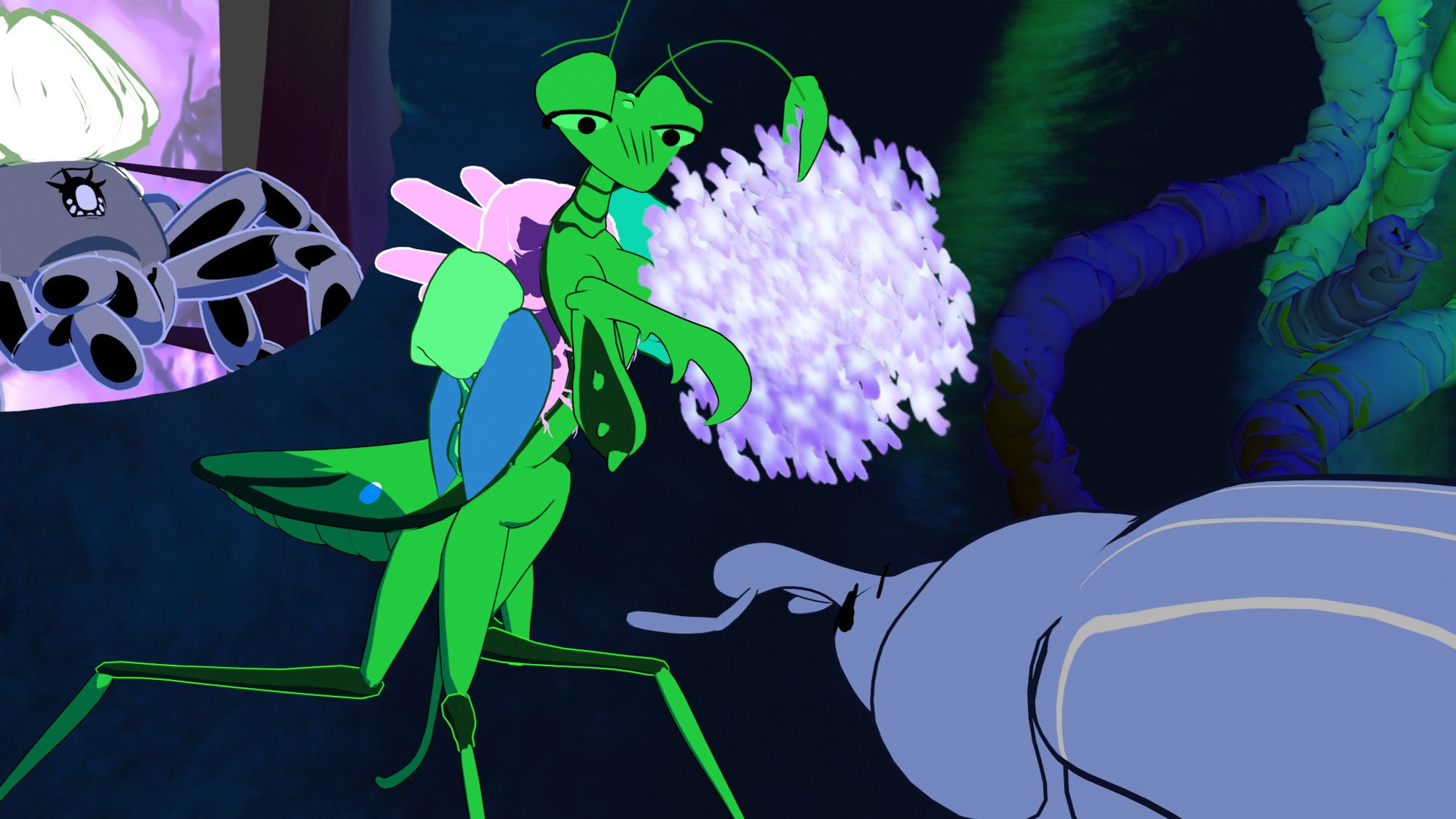 A sultry cartoon mantis gets a weevil to "sign" some flowers before she leaves. A tarantula looks antsy in the background.