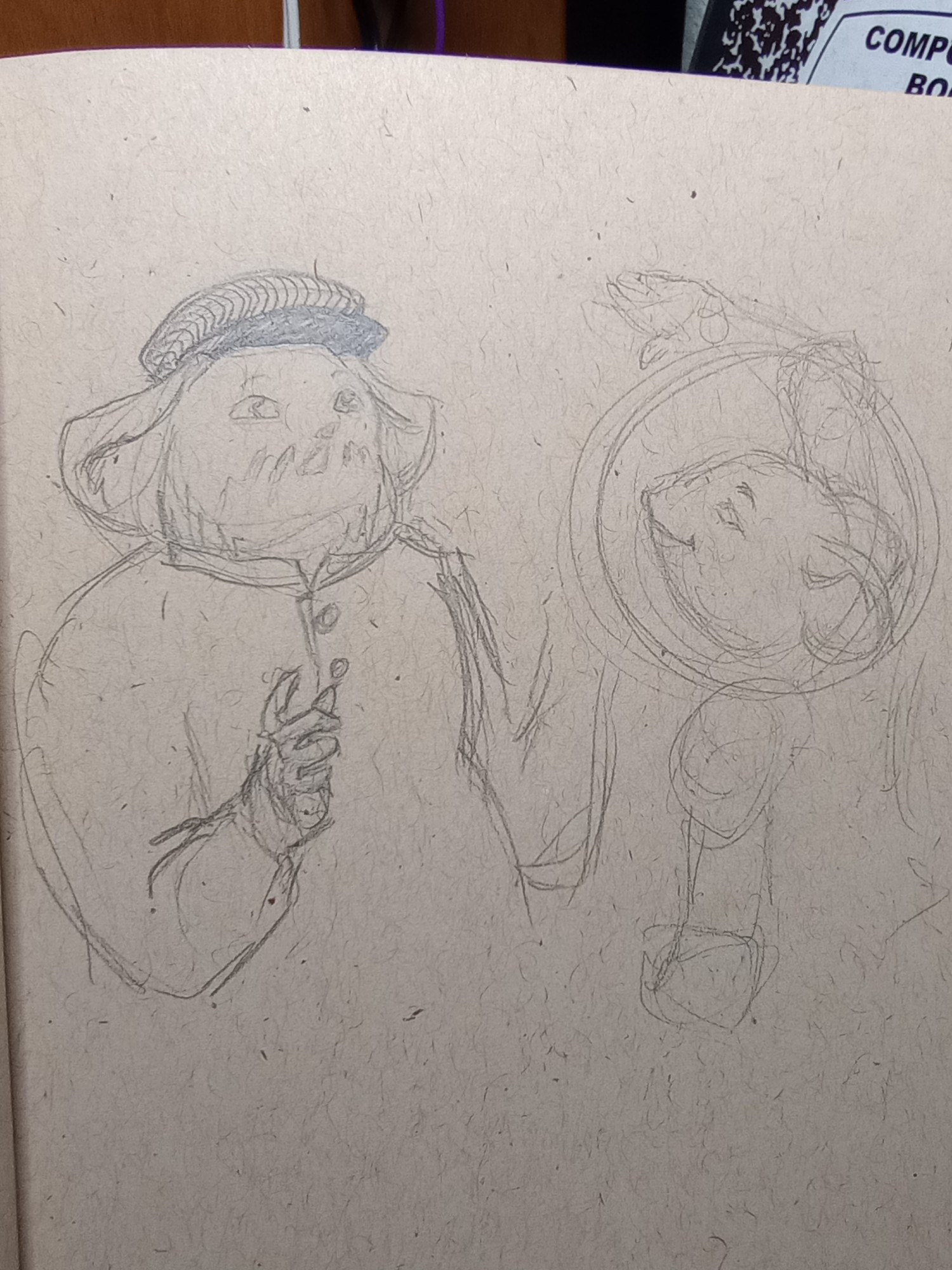 A rough pencil sketch where Rat Shep (an astronaut) is explaining rockets to Rat Mogswamp (a conductor). Rat Shep is saying, "yeah, just like a train! But they go up so high you can see the whole world!!"