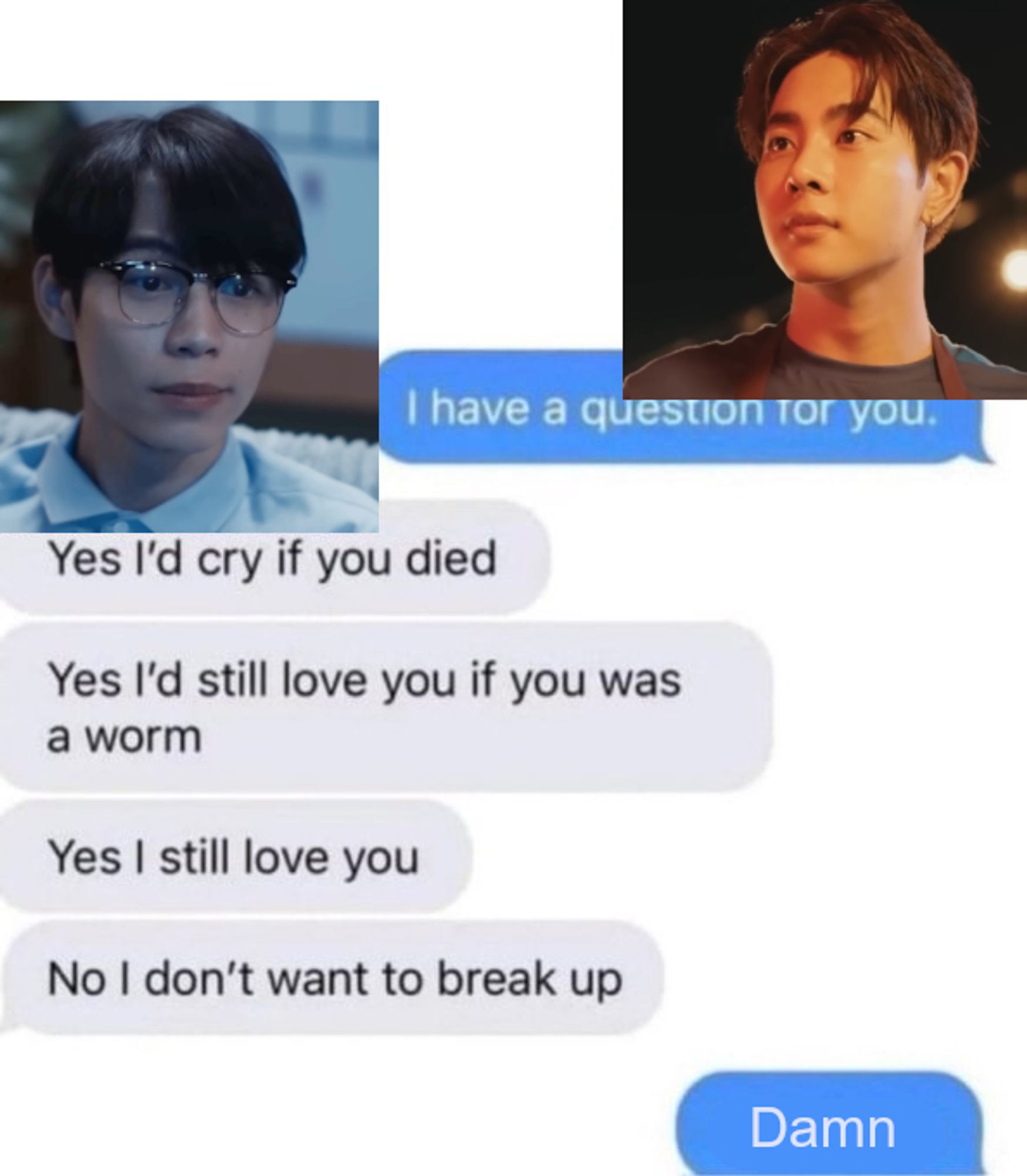 convo between wen and alan moonlight chicken
wen: i have a question

alan: yes i'd cry if you died
yes i'd still love you if you were a worm
yes i still love you
no i don't want to break up

wen: damn